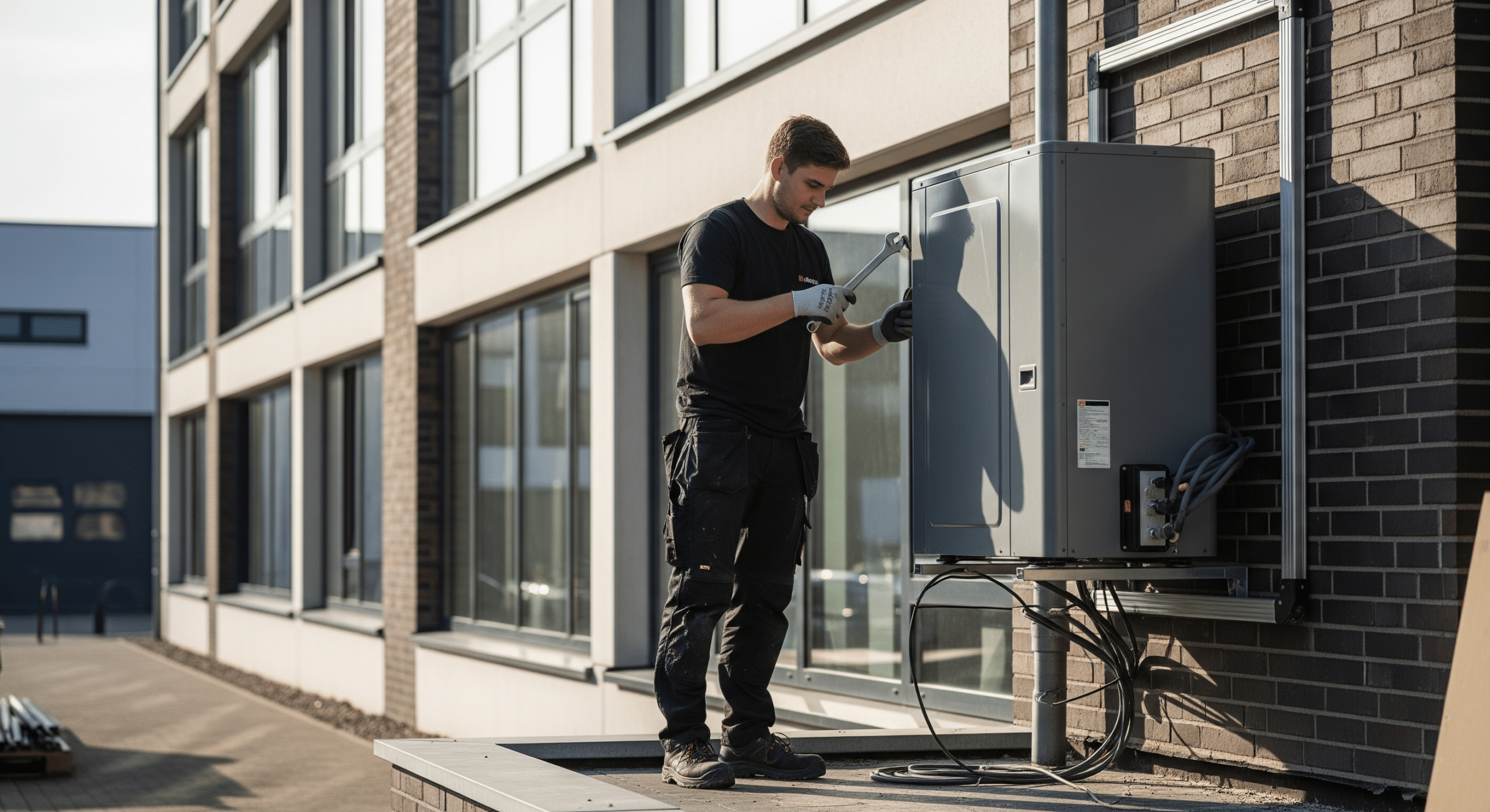 Techniker installiert eine moderne Wärmepumpe in einem Gewerbegebäude in Oldenburg