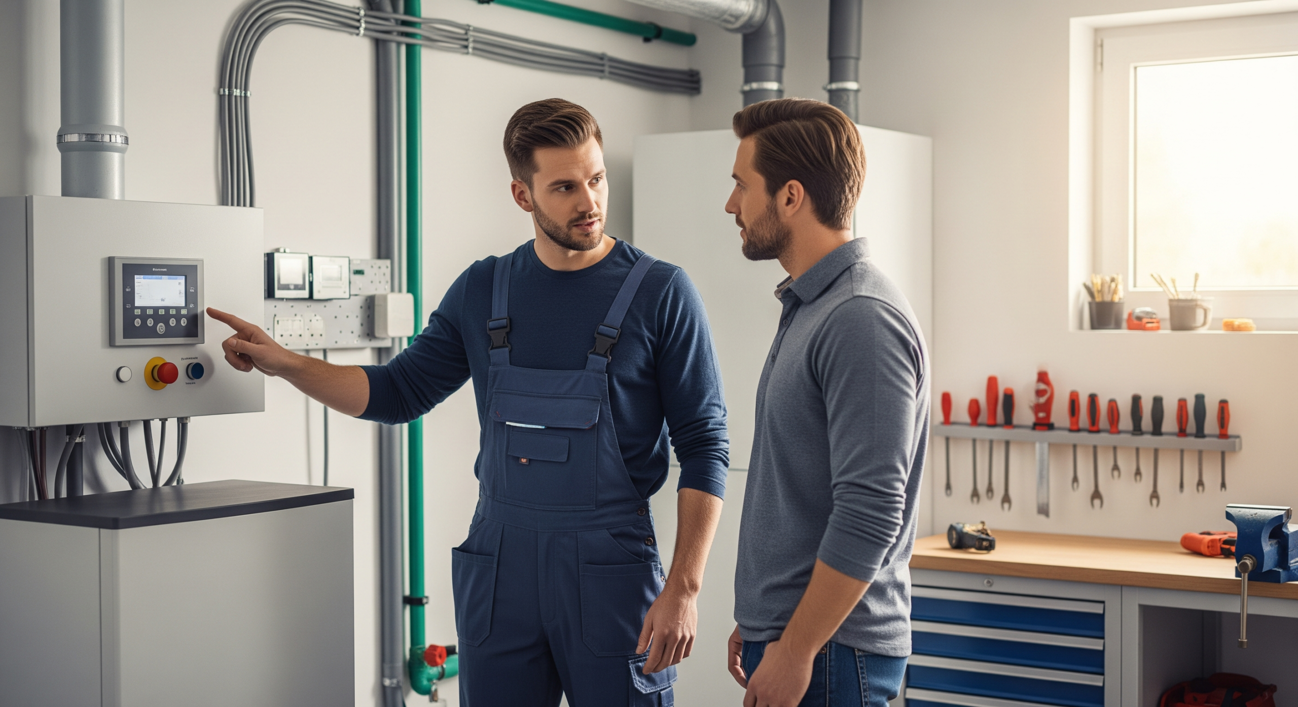 Techniker erklärt einem Hausbesitzer die Steuerung einer Wärmepumpe im Technikraum