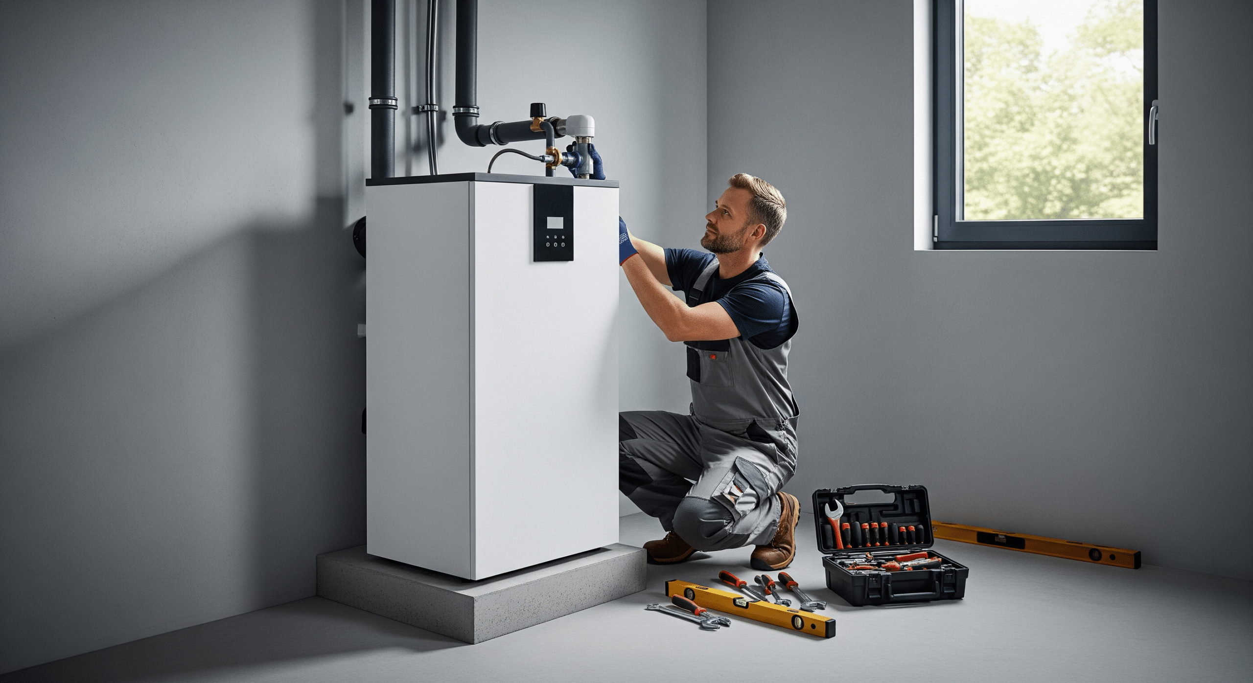 Installateur montiert eine moderne Wärmepumpe im Heizungsraum eines Einfamilienhauses