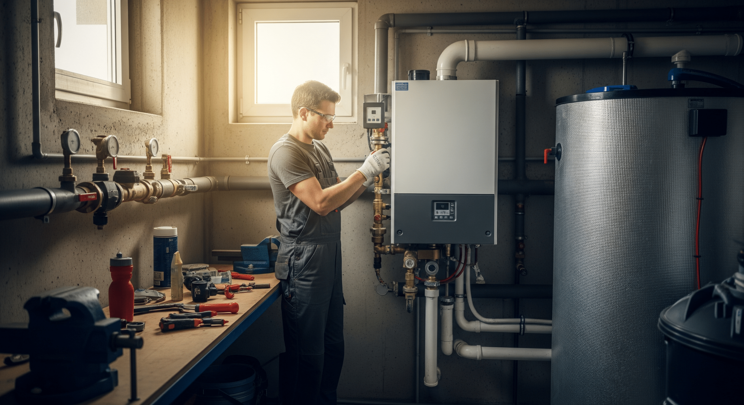 Installateur montiert eine Gastherme im Heizungsraum eines Mehrfamilienhauses