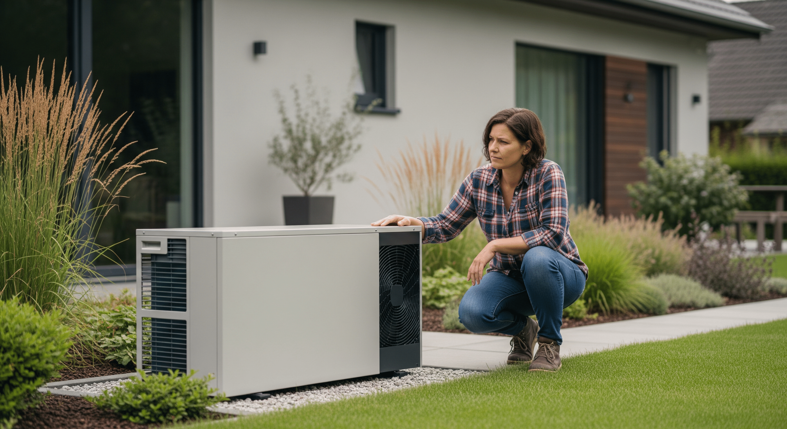 Hausbesitzer prüft moderne Wärmepumpe im sanierten Einfamilienhausgarten