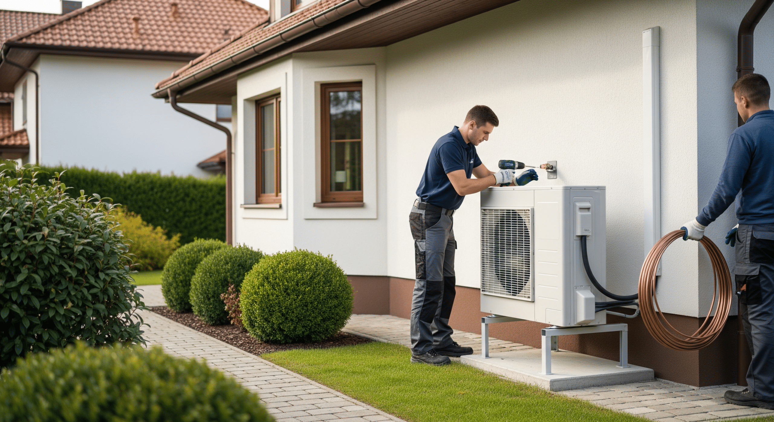 Installateur montiert Außeneinheit einer modernen Wärmepumpe neben Einfamilienhaus