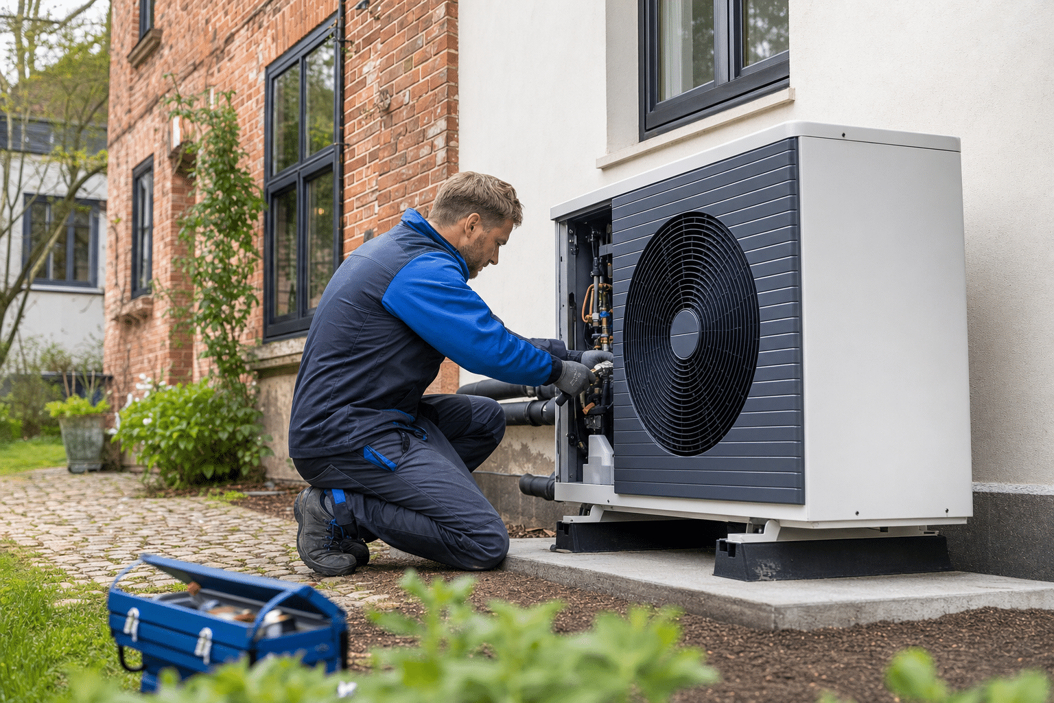 Installateur montiert eine moderne Luft-Wasser-Wärmepumpe neben einem sanierten Altbau in Oldenburg