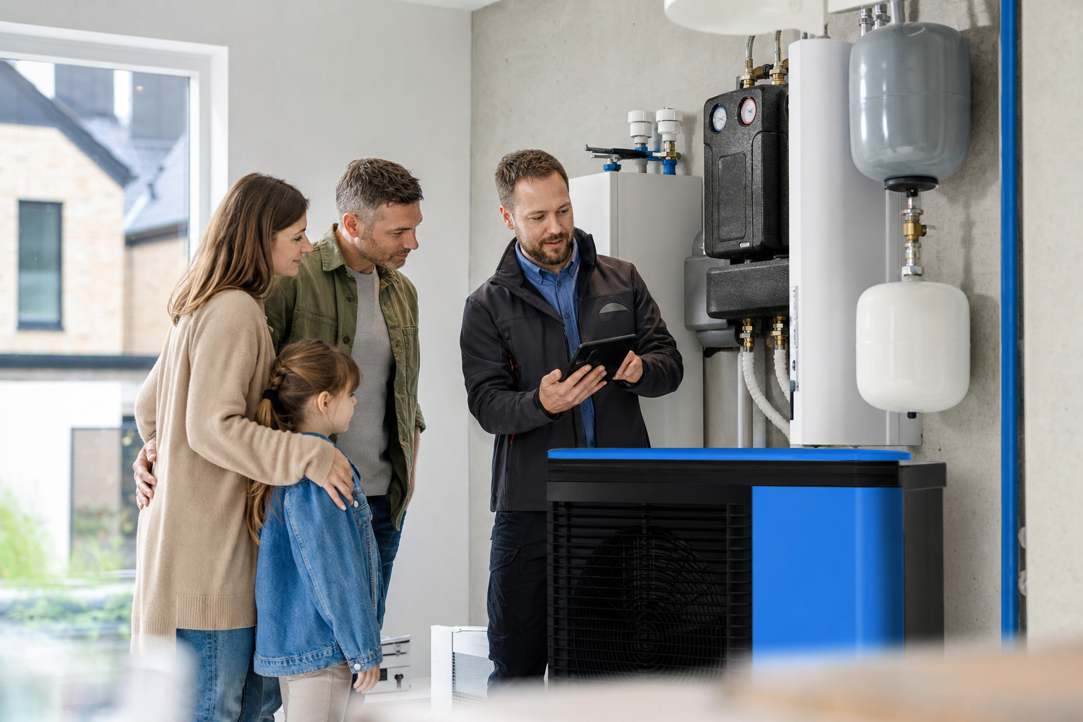 Familie steht in einem modernen Neubau mit Fußbodenheizung und blickt auf die Heiztechnik