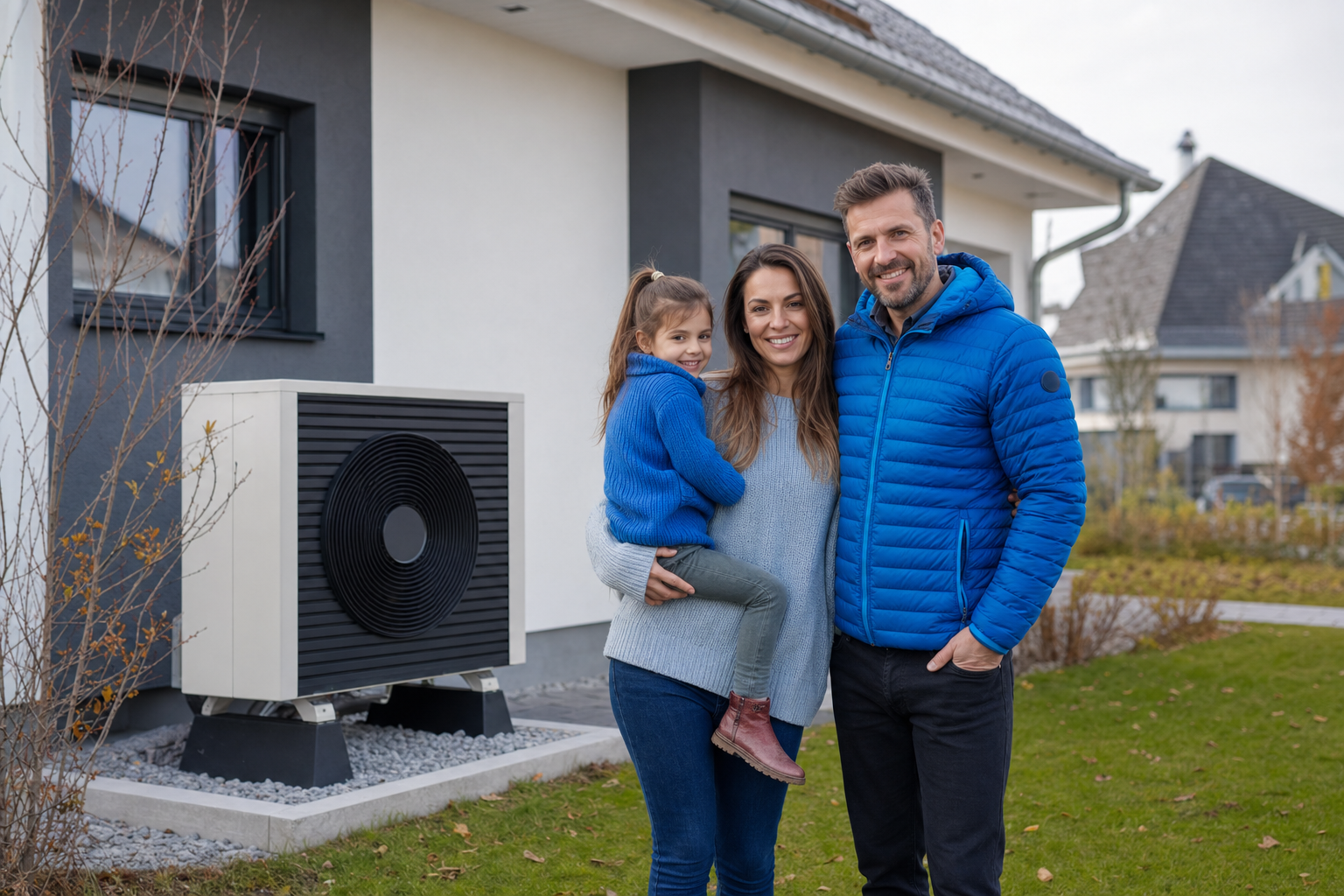 Familie steht vor modernem Einfamilienhaus mit installierter Wärmepumpe im Garten
