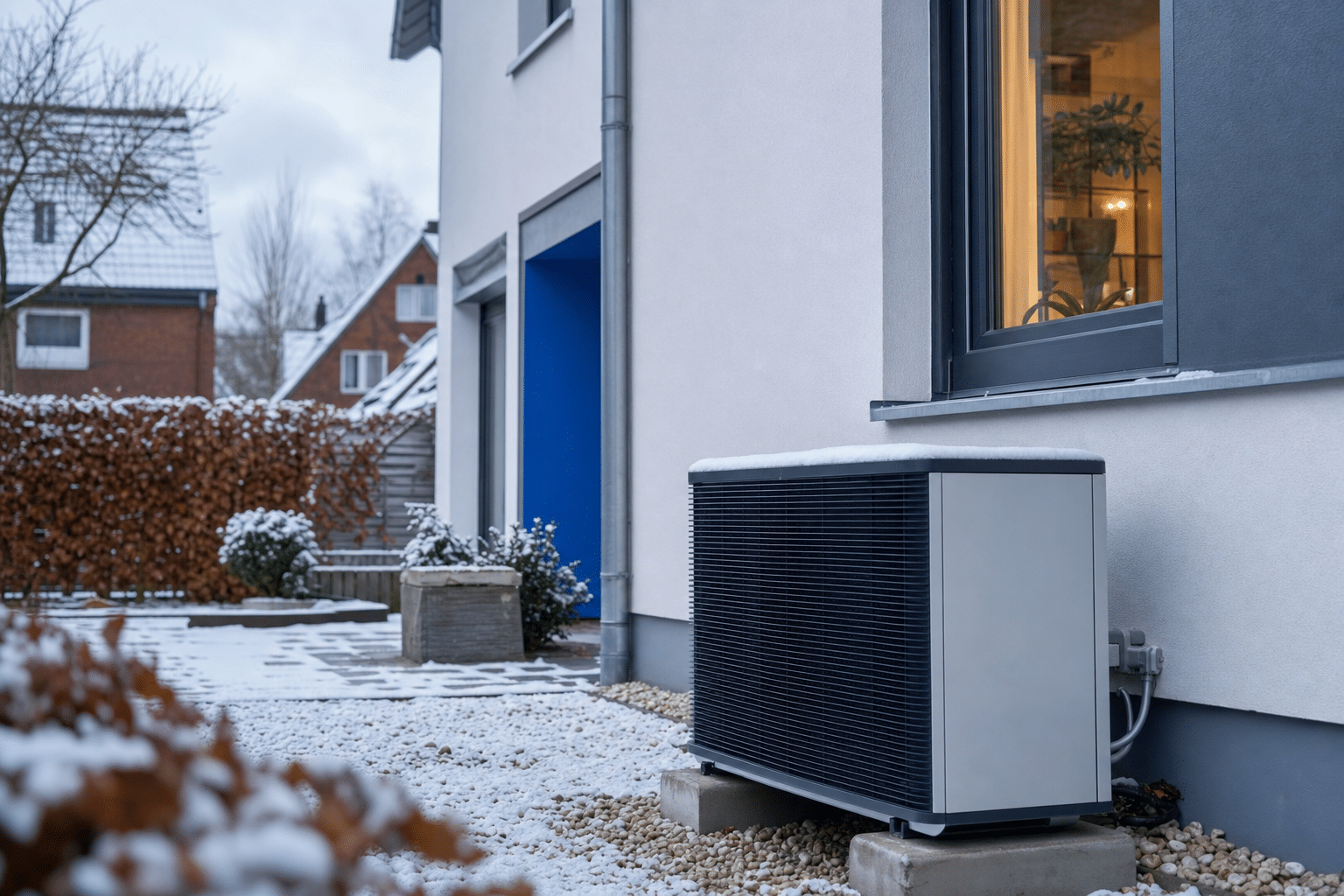 Außeneinheit einer Wärmepumpe neben einem Einfamilienhaus in Oldenburg im Winter