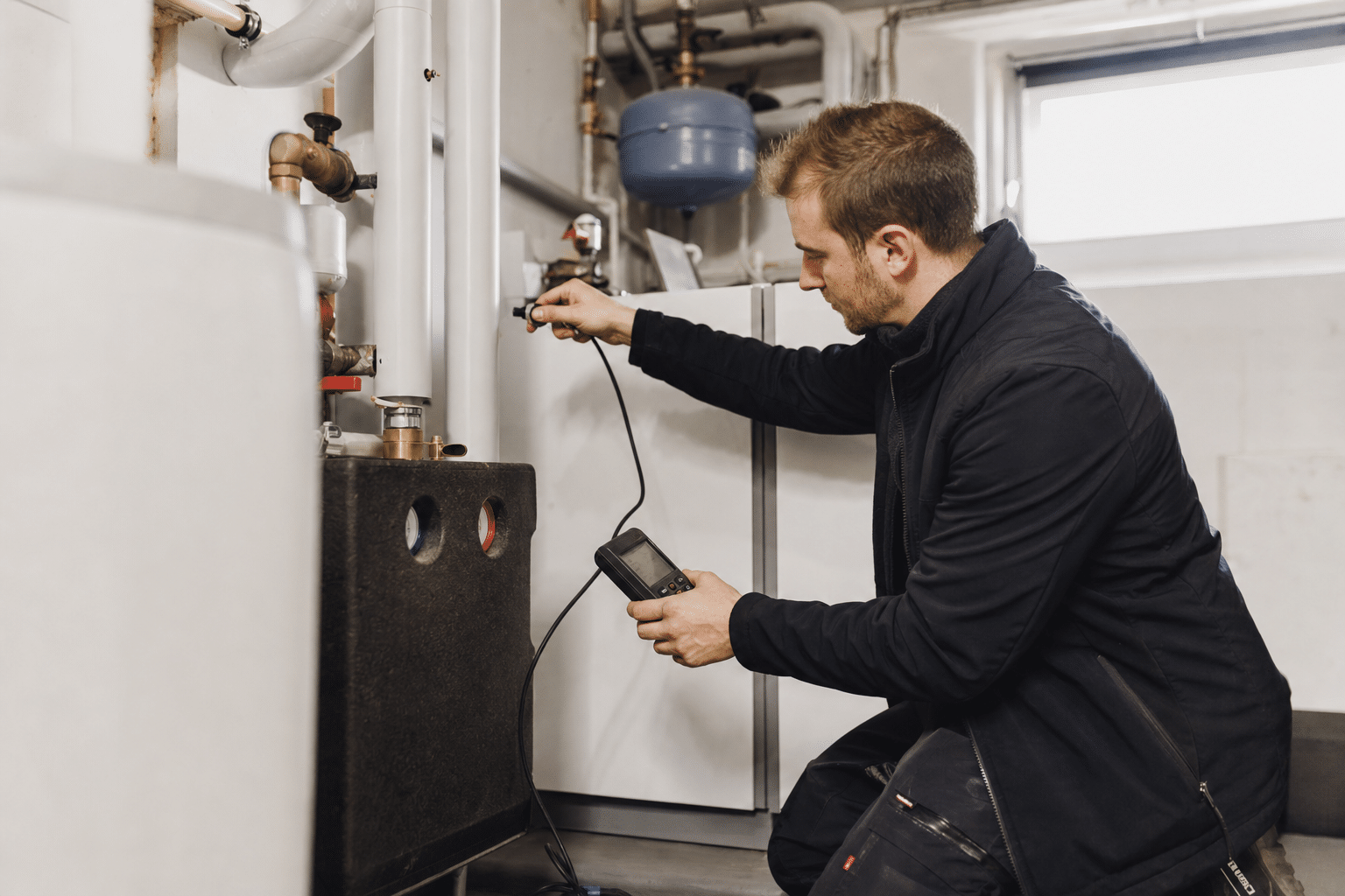 Installateur überprüft Heizungsanlage im Keller mit Werkzeug und digitalem Messgerät
