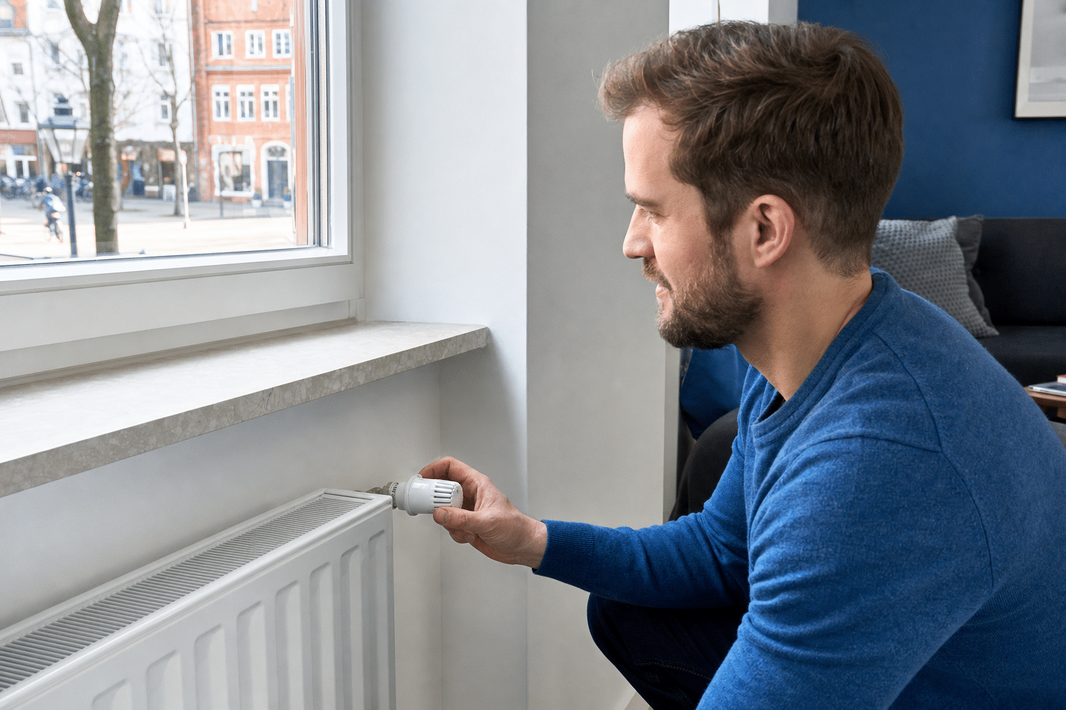 Hausbewohner dreht Thermostat an modernem Heizkörper im Wohnzimmer