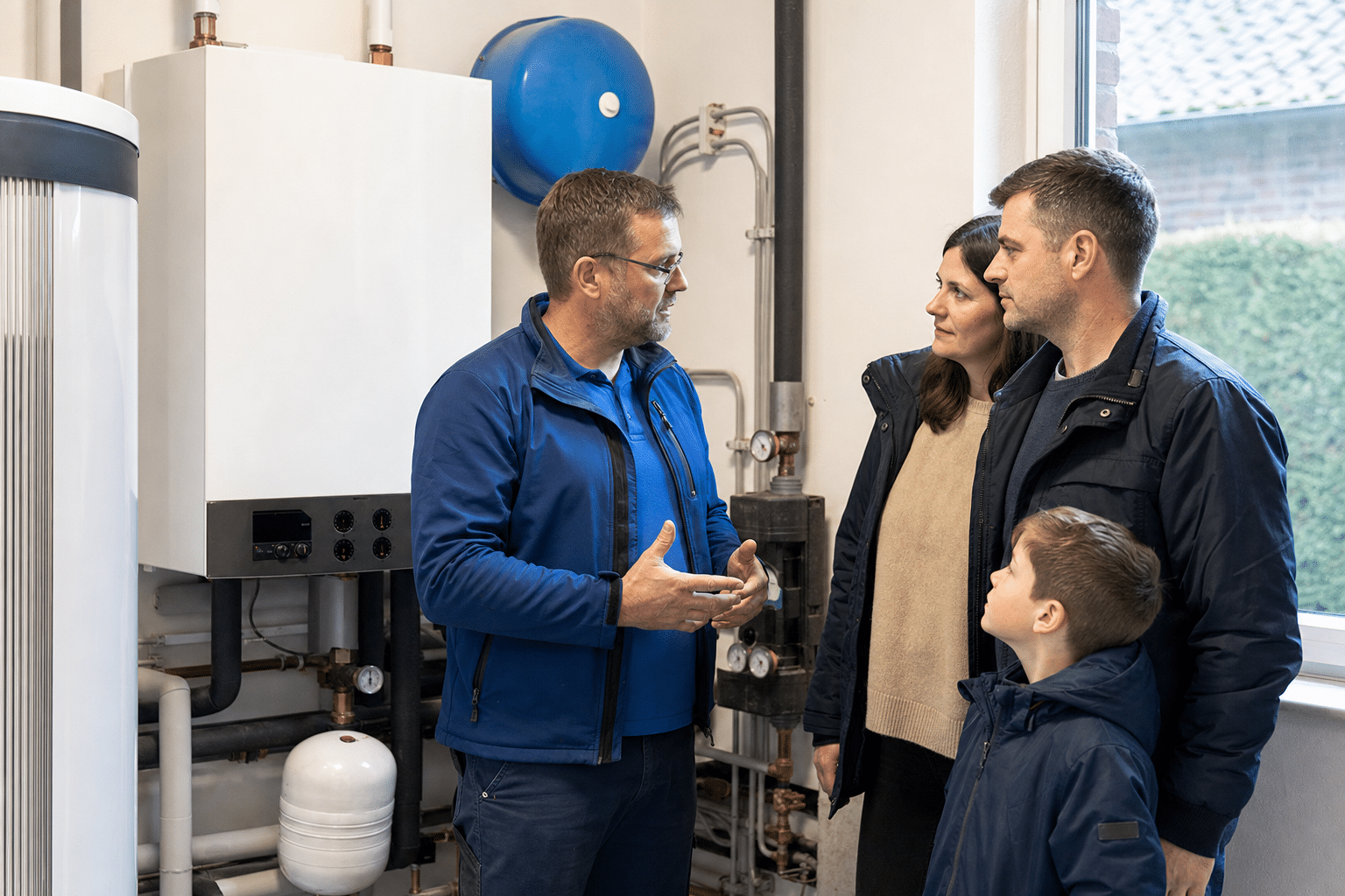 Familie steht im Technikraum vor moderner Heizungsanlage und bespricht Optionen mit Installateur