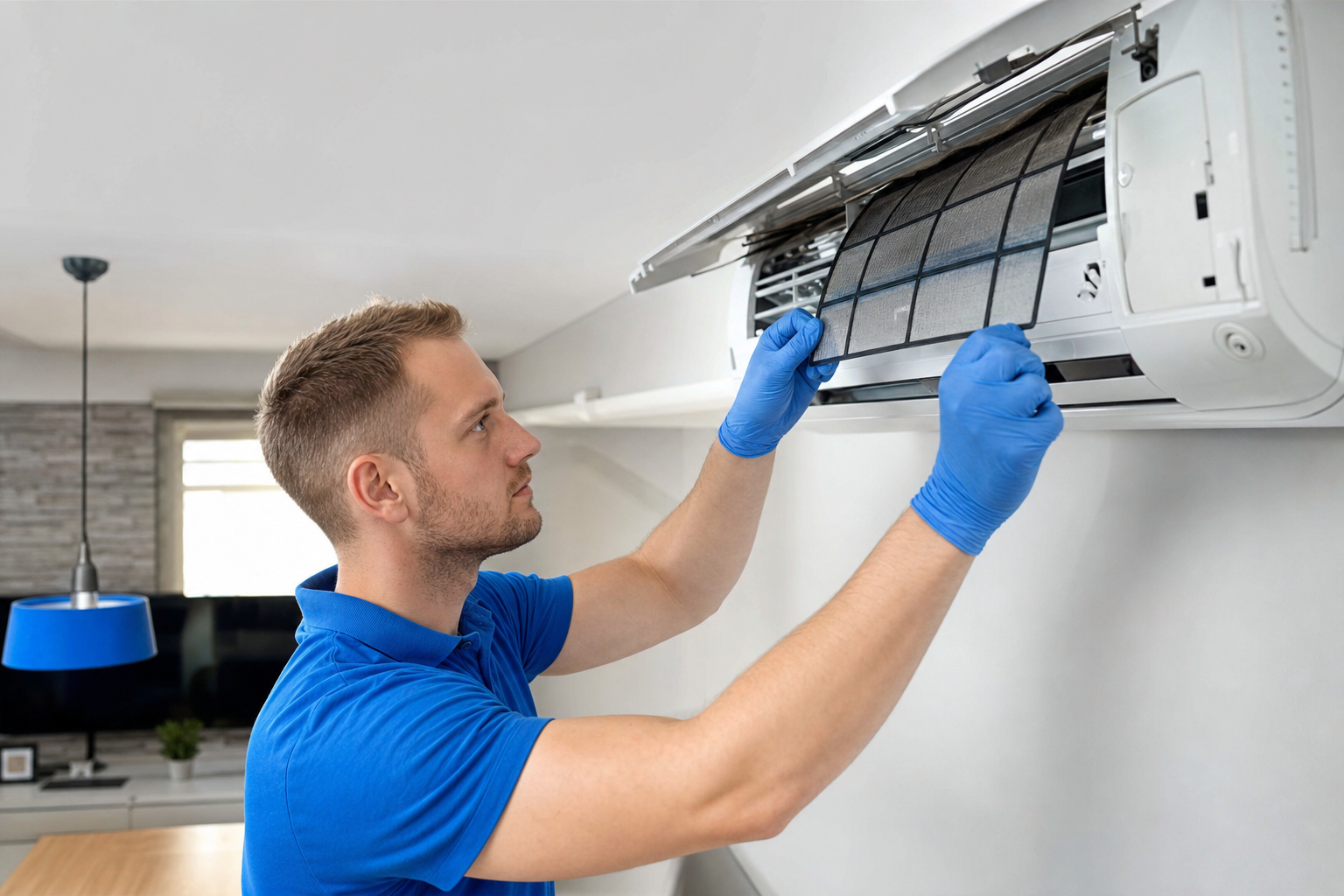 Person reinigt den Filter einer Split-Klimaanlage im Wohnzimmer