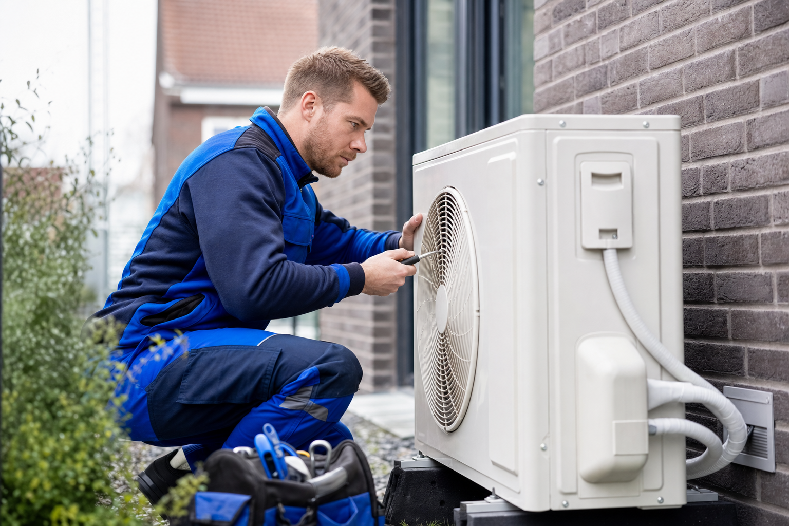 Techniker überprüft Außeneinheit einer Klimaanlage an einem Wohnhaus in Oldenburg