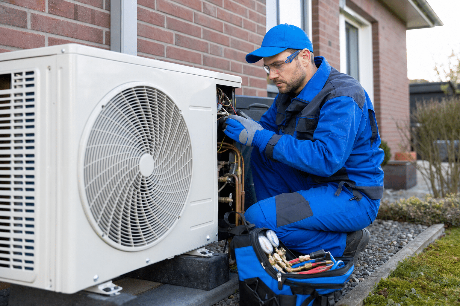Techniker überprüft Außeneinheit einer Klimaanlage an einem Wohnhaus in Oldenburg