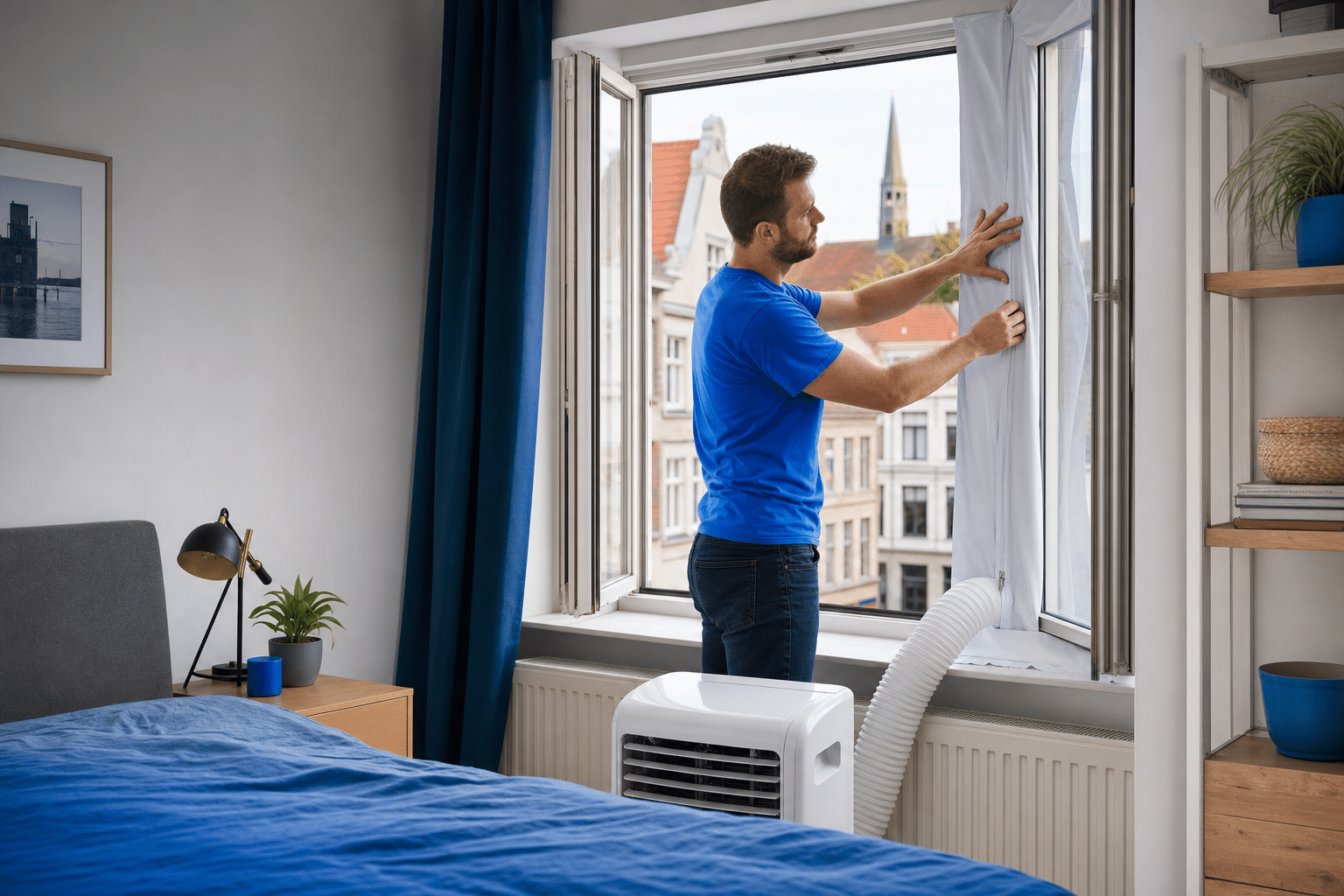 Mann installiert eine Fensterabdichtung für eine mobile klimaanlage im Schlafzimmer