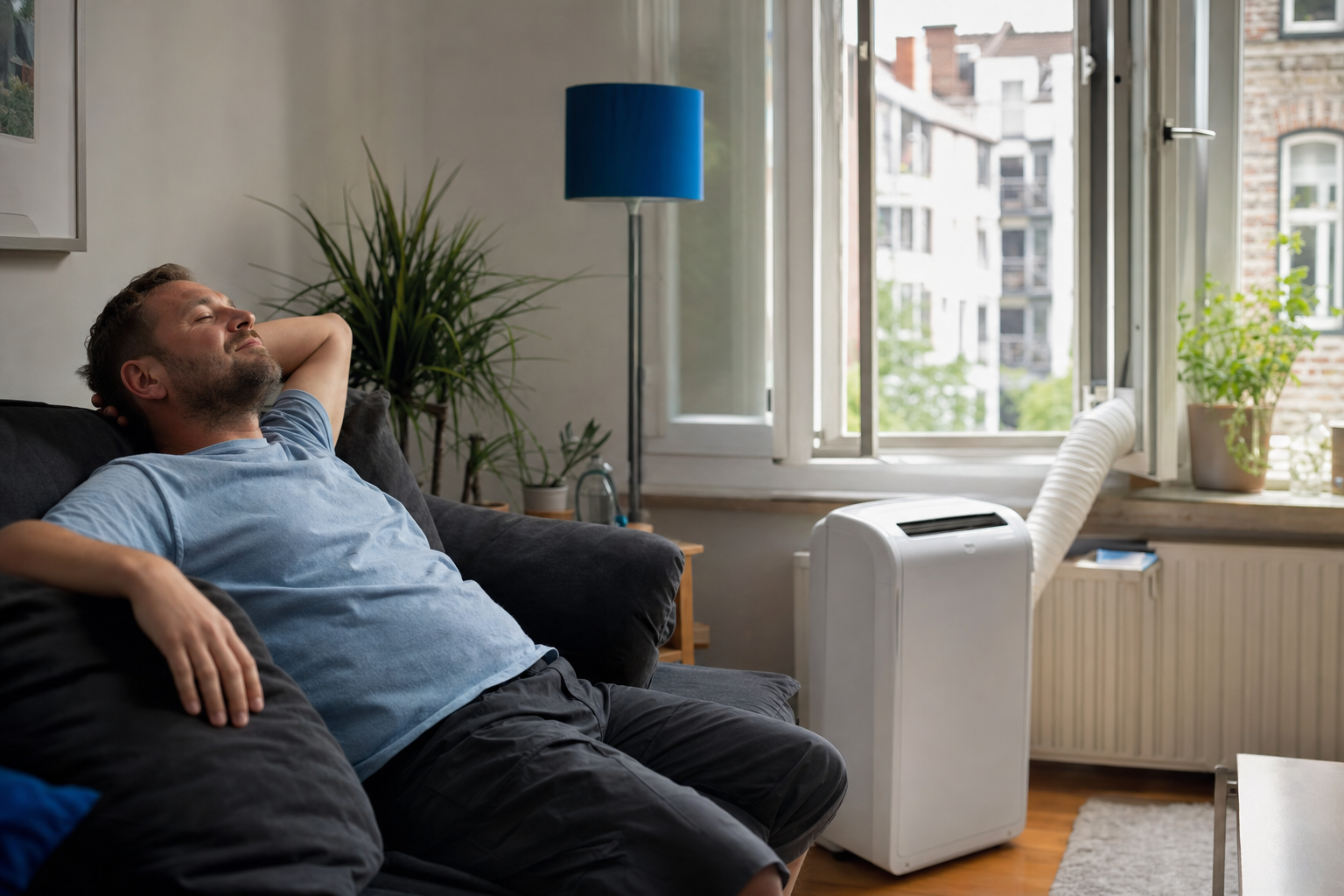Person sitzt entspannt in einem Wohnzimmer neben einer mobilen Klimaanlage an einem heißen Sommertag