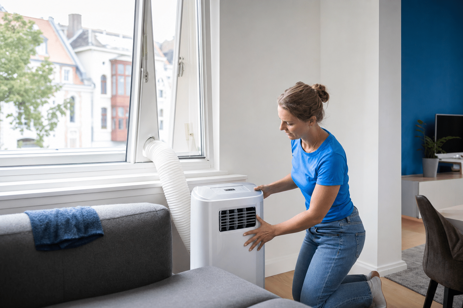Frau stellt eine mobile klimaanlage im Wohnzimmer neben ein geöffnetes Fenster