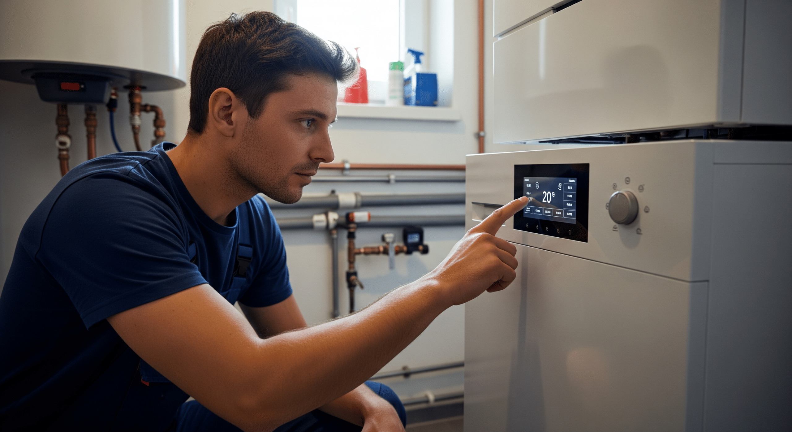 Techniker stellt Wärmepumpensteuerung in einem Einfamilienhaus in Niedersachsen ein
