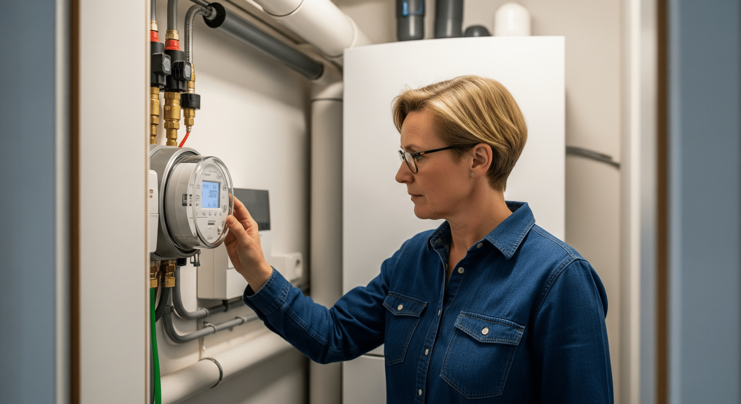 Hausbesitzer prüft Stromzähler im Technikraum einer modernen Wärmepumpenanlage