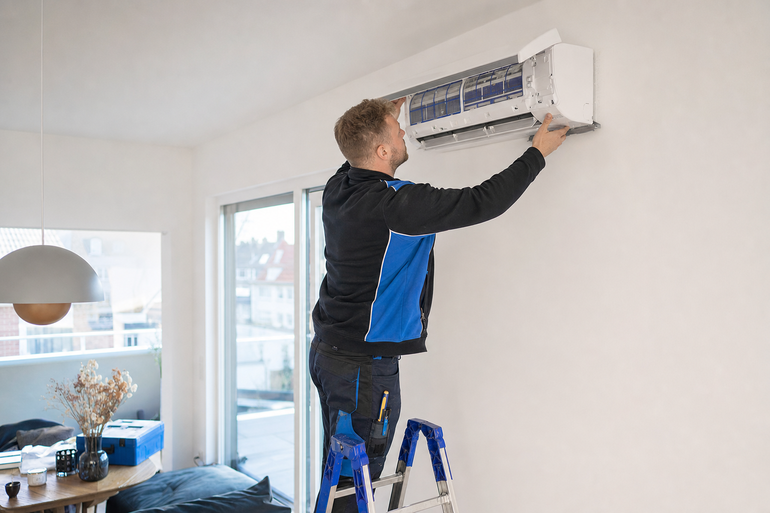 Installateur montiert eine moderne Klimaanlage an der Wohnzimmerwand in einer hellen Wohnung