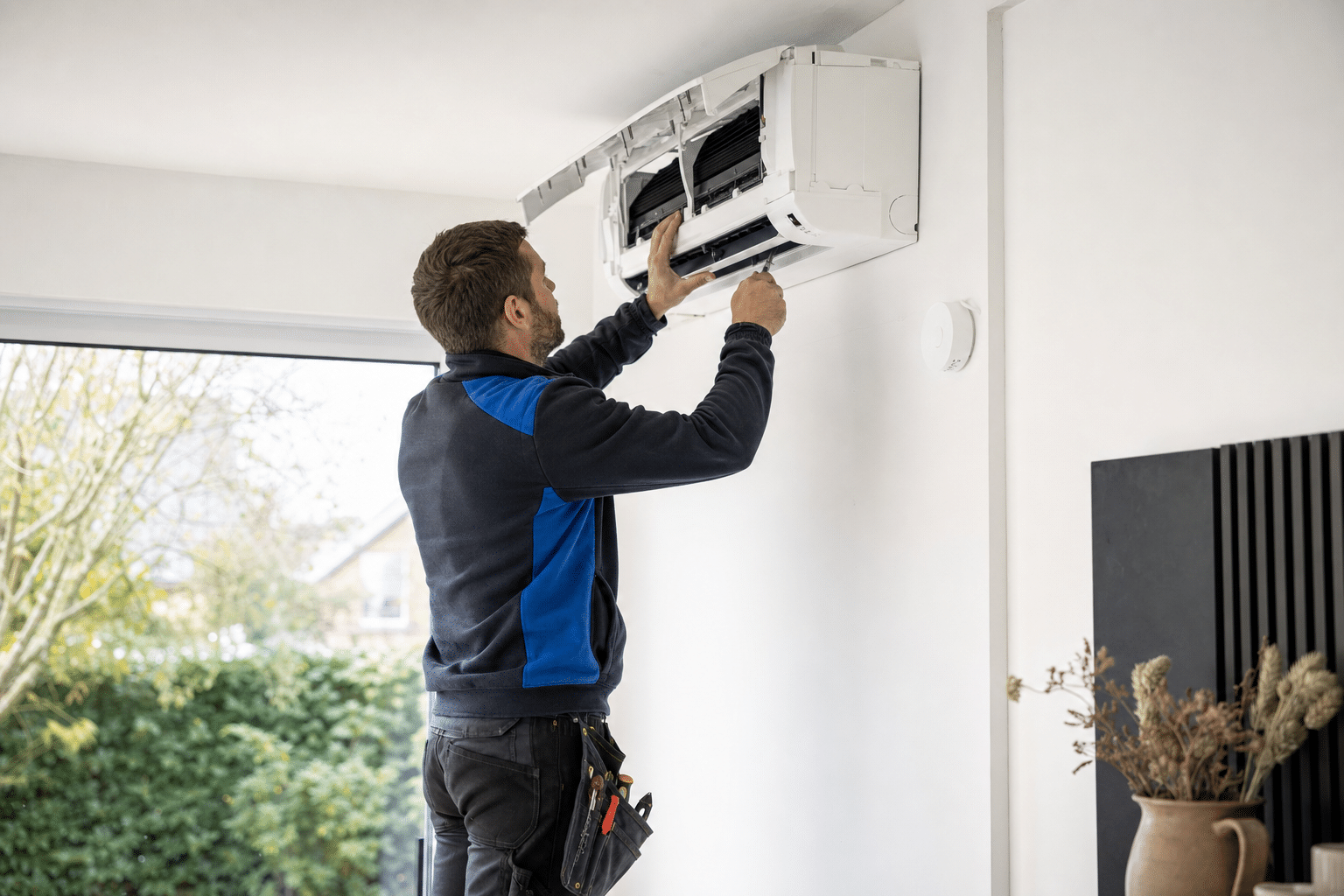 Techniker installiert eine moderne Split-Klimaanlage im Wohnzimmer eines Einfamilienhauses