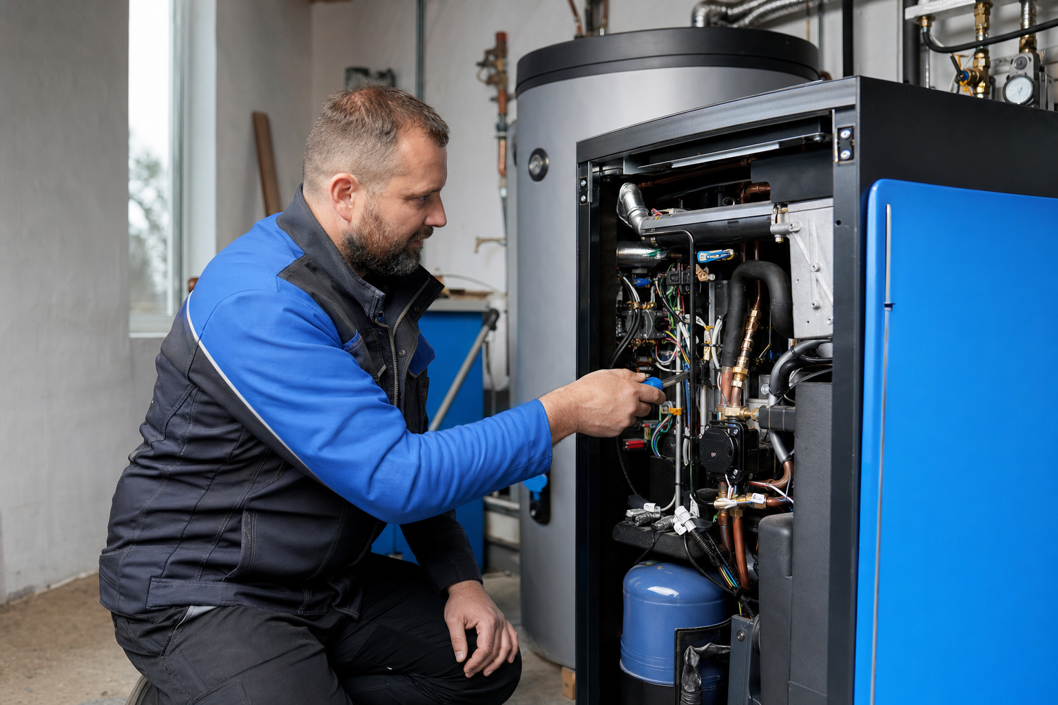 Servicetechniker wartet eine Wärmepumpe im Einfamilienhaus-Heizraum