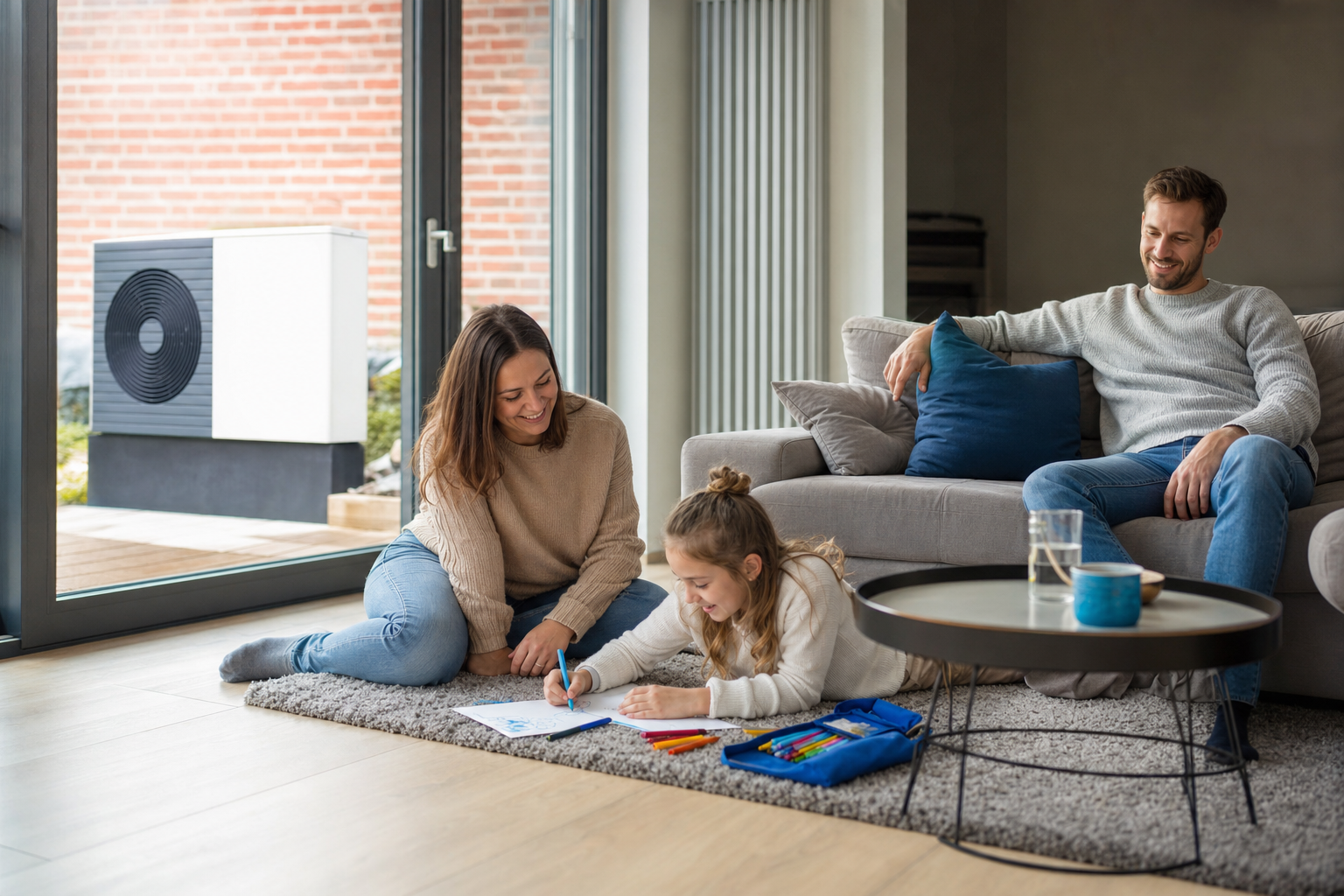 Familie entspannt im Wohnzimmer eines modernen Hauses mit Fußbodenheizung und Wärmepumpe