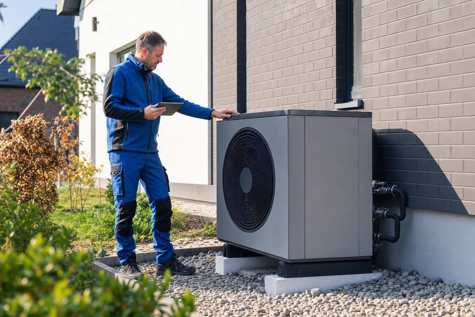 Hausbesitzer steht neben moderner Wärmepumpe im Garten und überprüft die Anlage bei Tageslicht