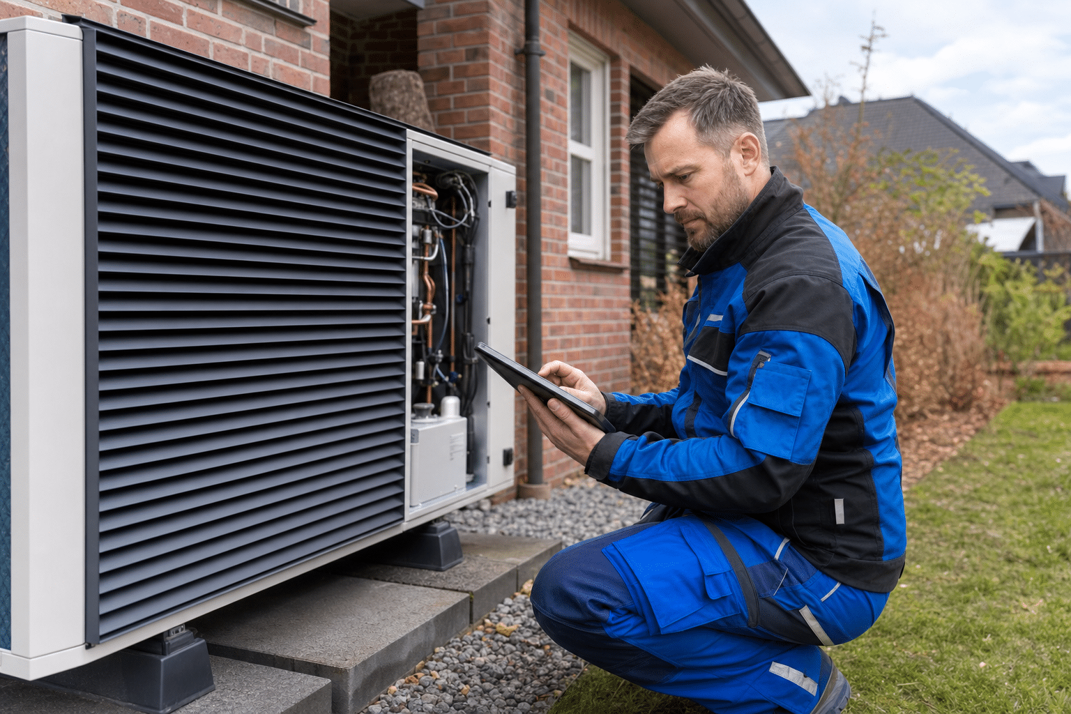 Installateur überprüft Außeneinheit einer modernen Luft-Wasser-Wärmepumpe im Garten eines Einfamilienhauses