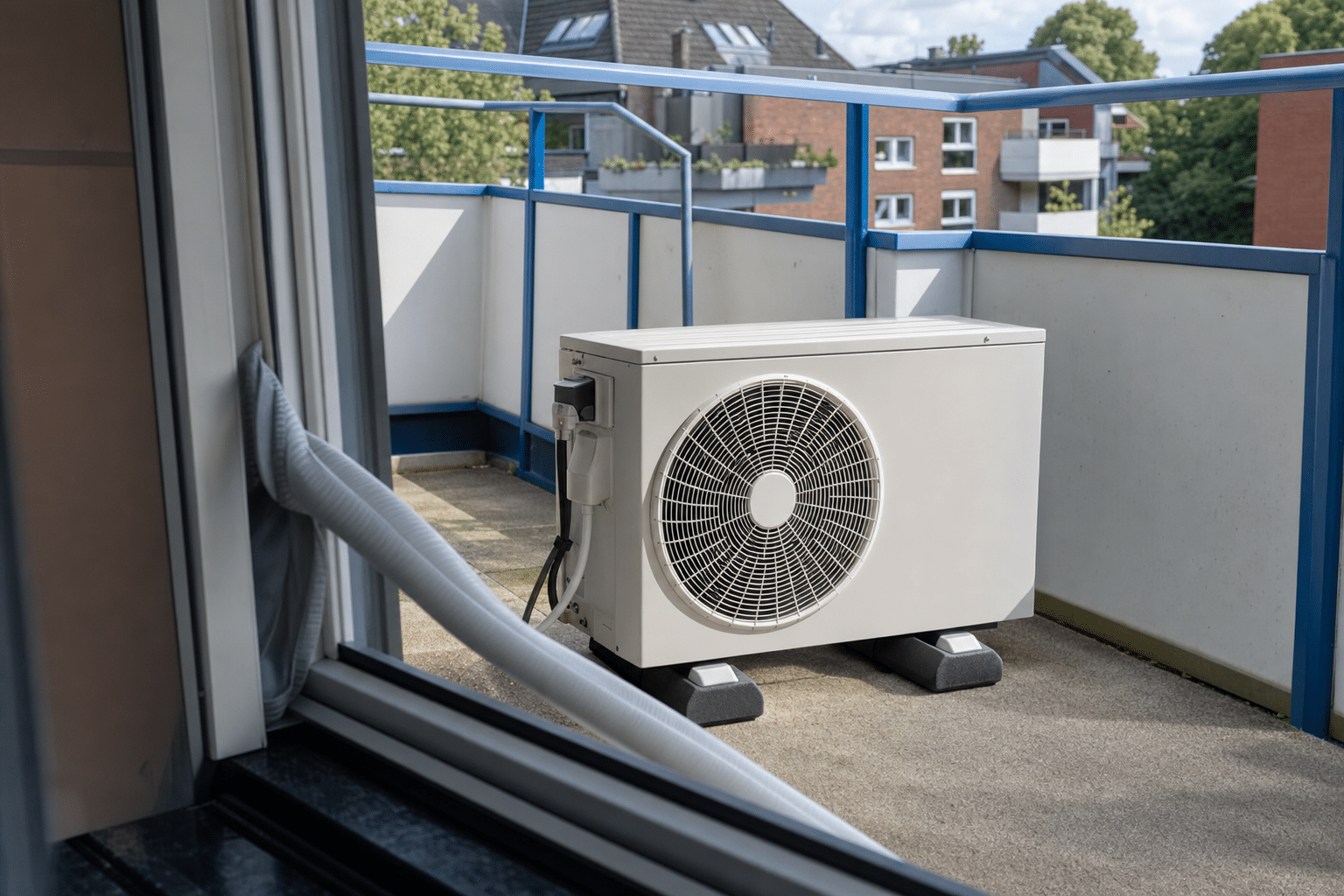 Außeneinheit einer mobilen Split Klimaanlage auf einem Balkon neben einem geöffneten Fenster