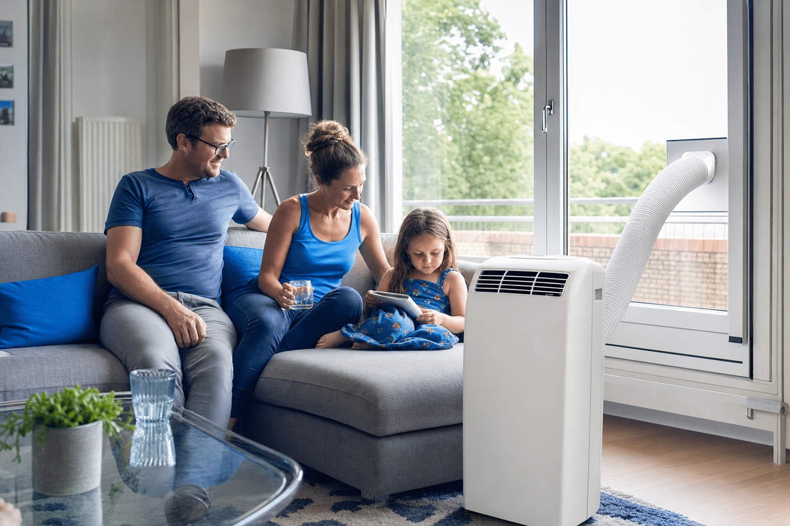 mobile split klimaanlage im Wohnzimmer während eines heißen Sommertages mit Familie auf dem Sofa