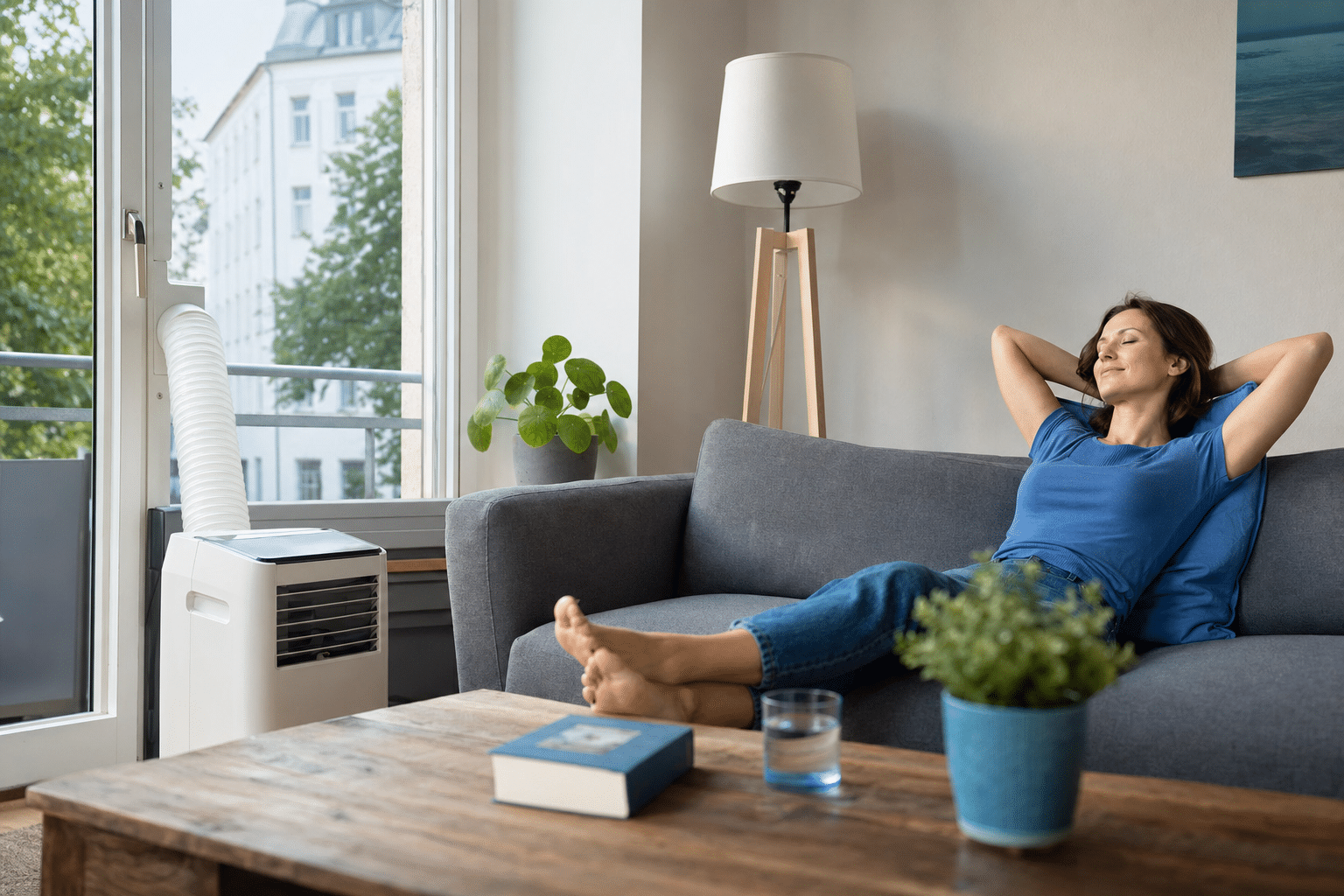 Frau sitzt entspannt auf dem Sofa während eine mobile split klimaanlage im Wohnzimmer kühlt