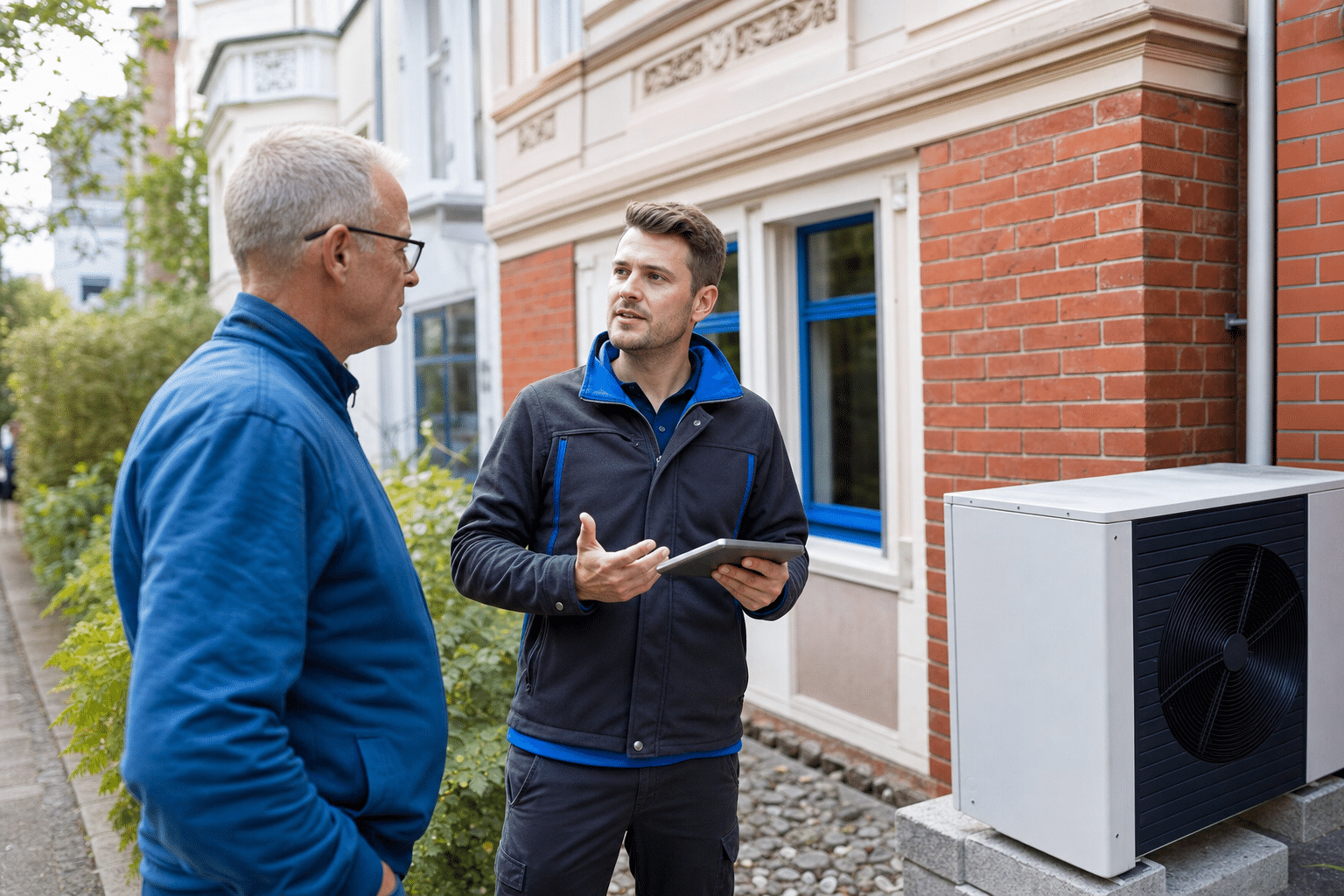 Hausbesitzer spricht mit Energieberater vor einem sanierten Altbau mit Wärmepumpe