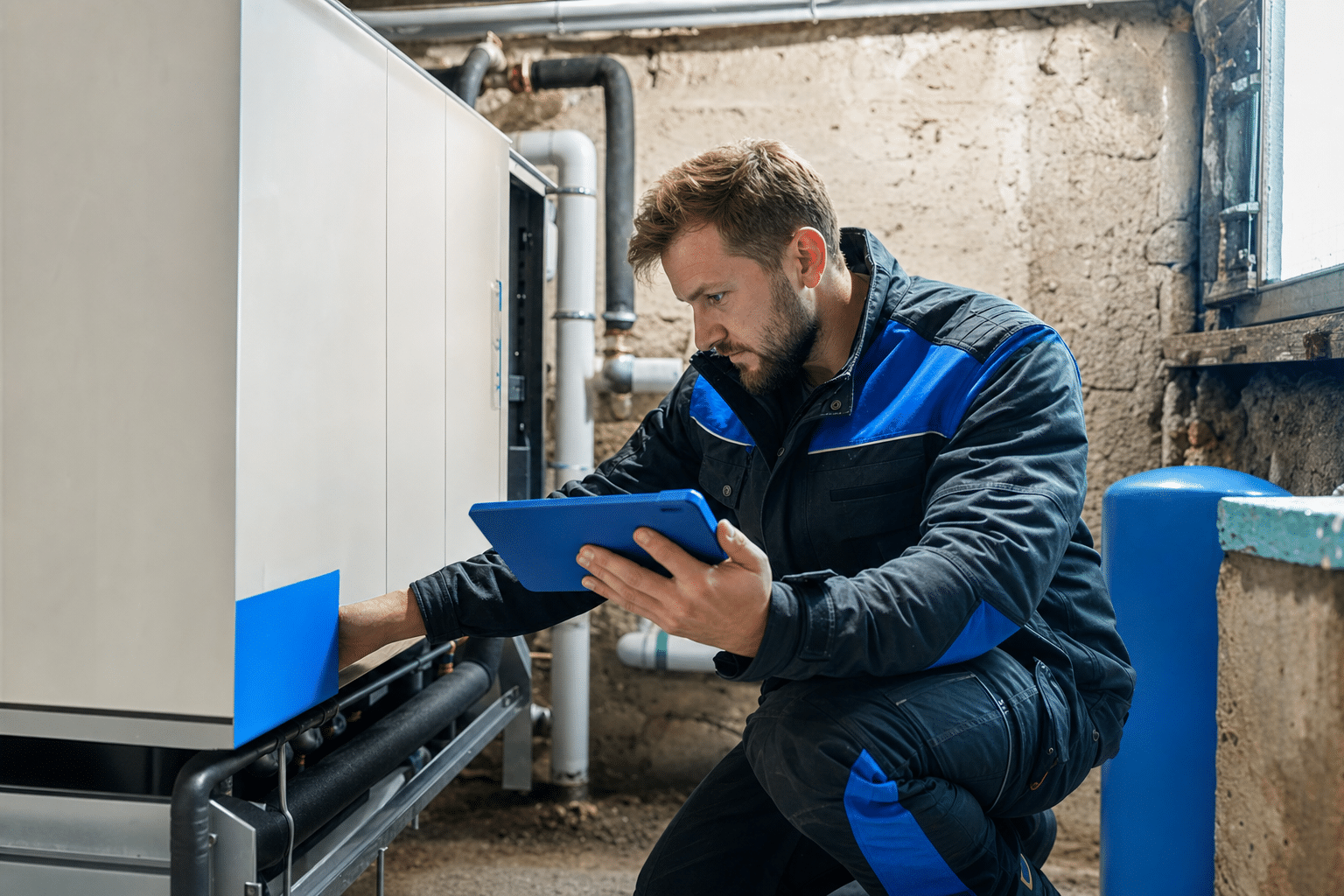 Installateur prüft eine Wärmepumpe im unsanierten Altbaukeller während der Inbetriebnahme
