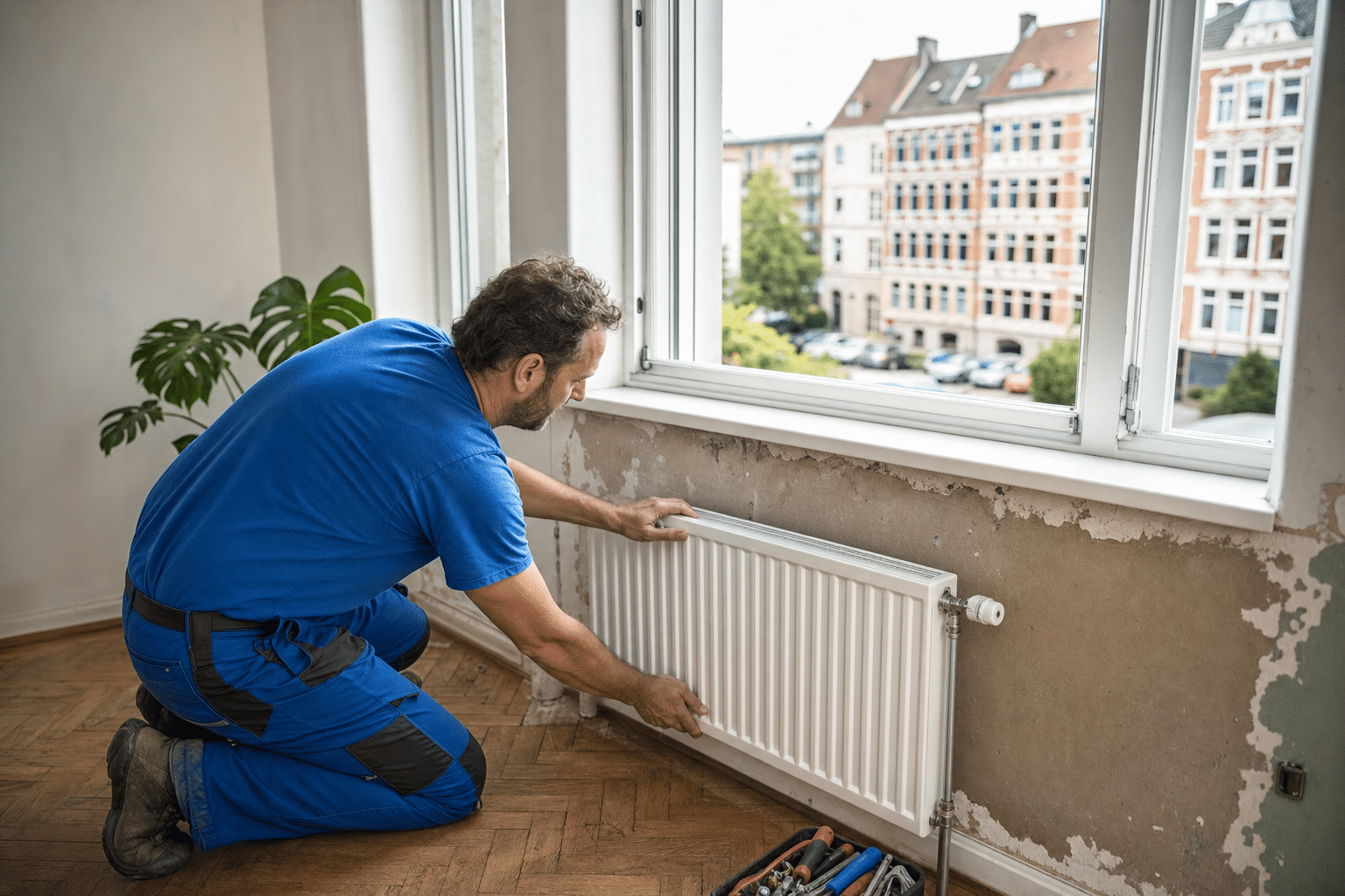 Handwerker montiert moderne Heizkörper in einem renovierten Altbau-Wohnzimmer