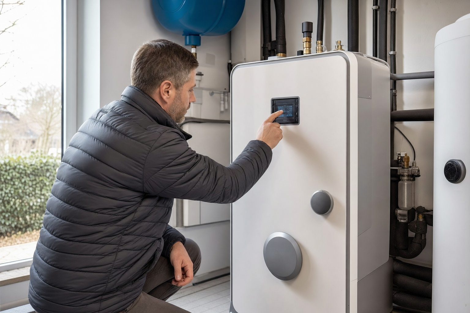 Hausbesitzer überprüft die Einstellungen seiner Wärmepumpe im Technikraum