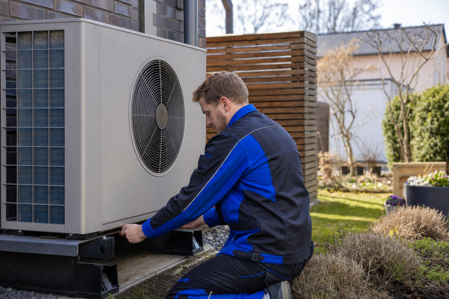 Servicetechniker überprüft Außeneinheit einer Wärmepumpe im Einfamilienhausgarten