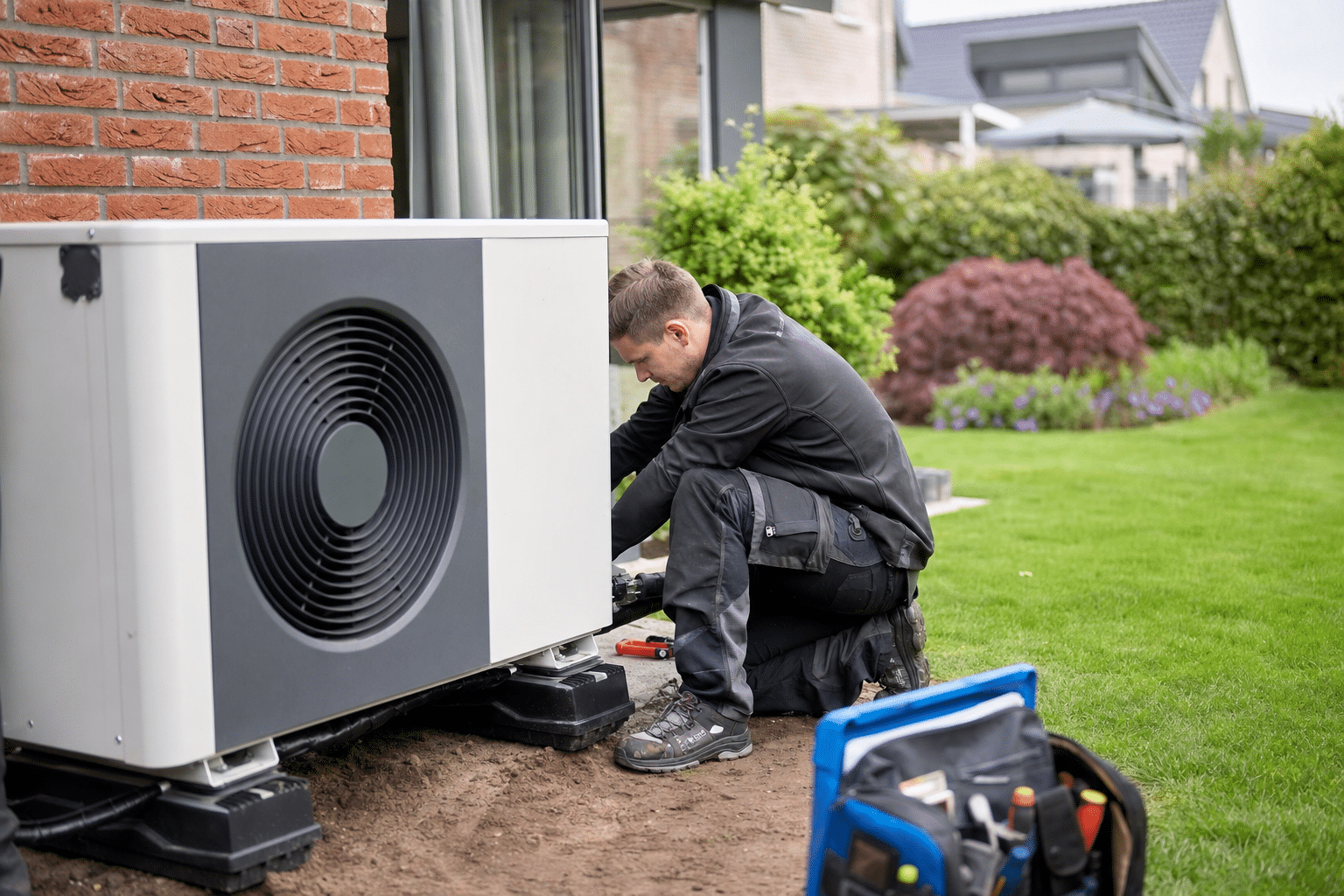 Installateur montiert eine Wärmepumpe im Garten eines Einfamilienhauses