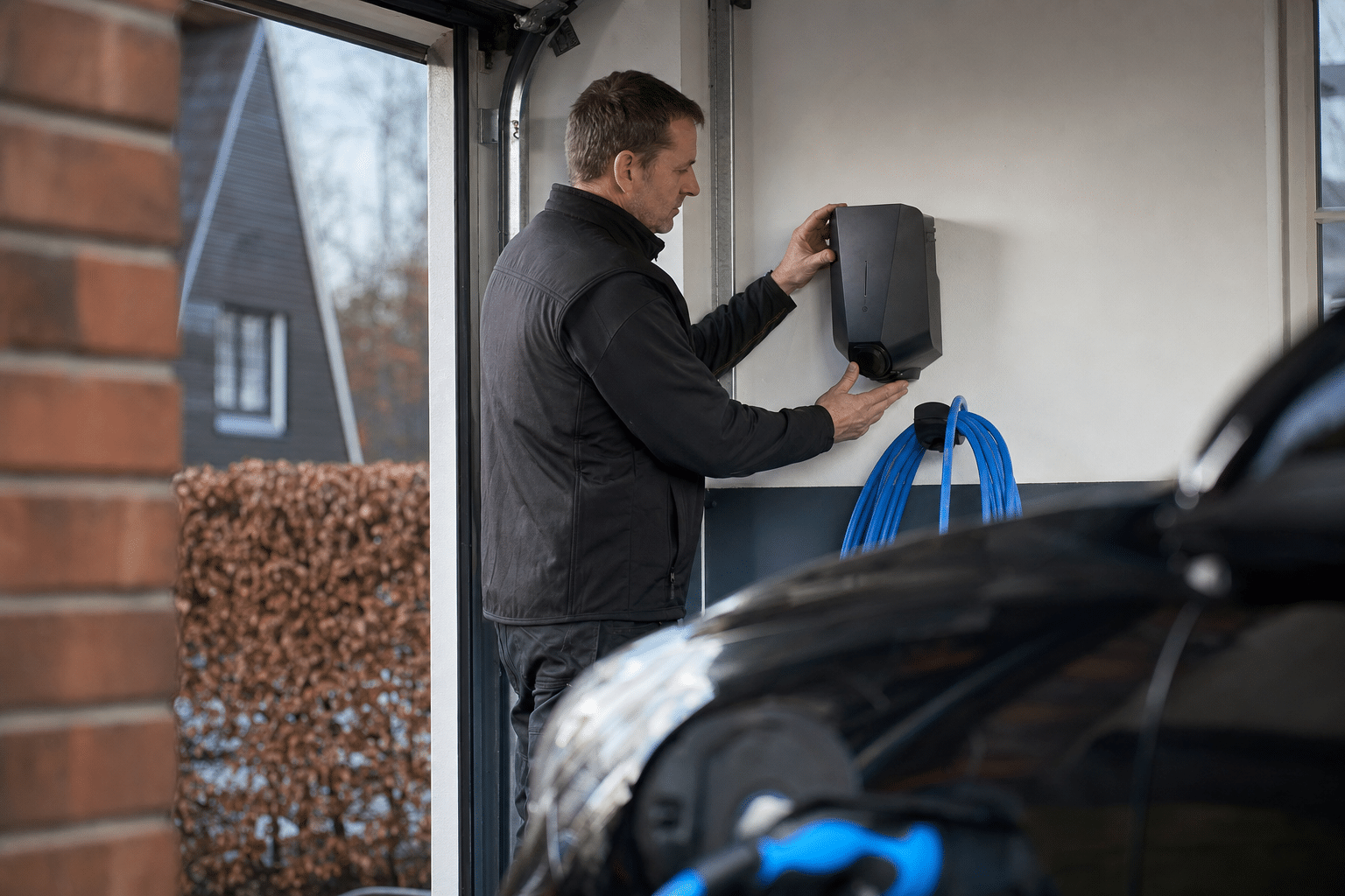 Installateur montiert eine moderne Wallbox in einer Garage neben einem geparkten Elektroauto