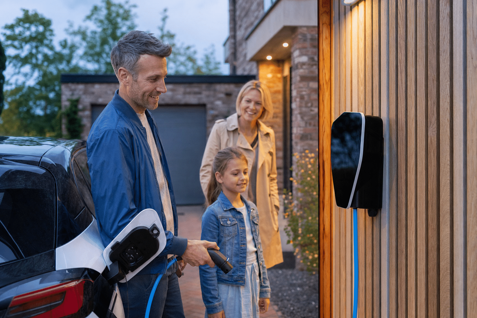 Familie lädt ihr Elektroauto abends an einer modernen Wallbox vor dem Einfamilienhaus