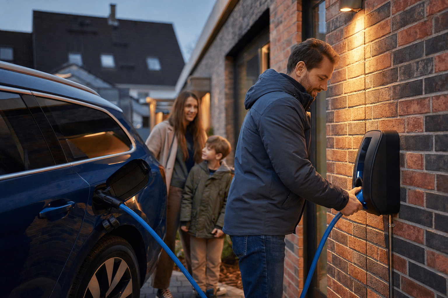 Familie lädt ihr Elektroauto abends vor dem eigenen Einfamilienhaus an einer Wallbox