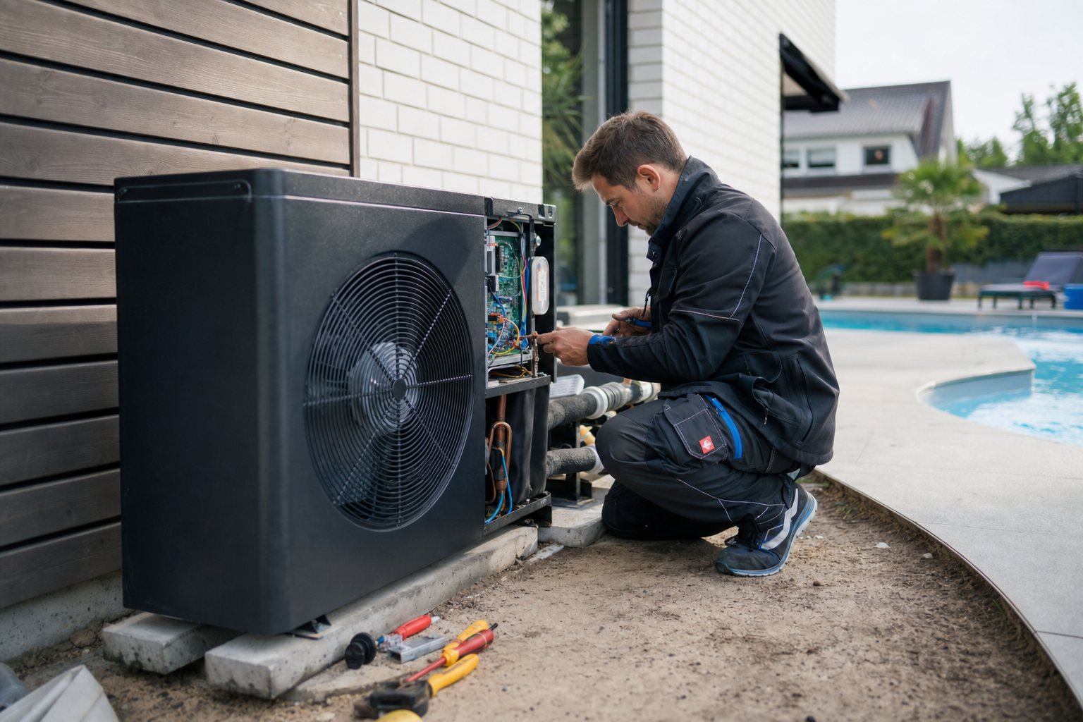 Techniker wartet eine Pool-Wärmepumpe neben einem modernen Einfamilienhaus im Garten