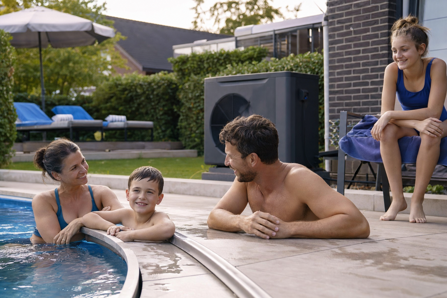 Familie entspannt am warmen Pool im Garten mit sichtbarer Wärmepumpe neben dem Becken