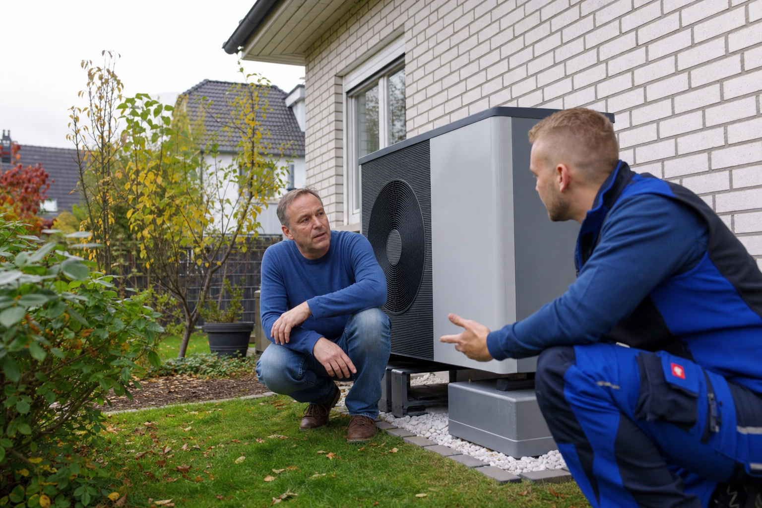 Hausbesitzer spricht mit Heizungsinstallateur vor einer neu installierten Wärmepumpe im Garten