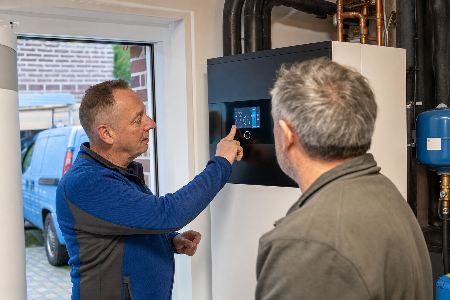 Installateur erklärt Hausbesitzer die Einstellungen einer modernen Wärmepumpe im Technikraum