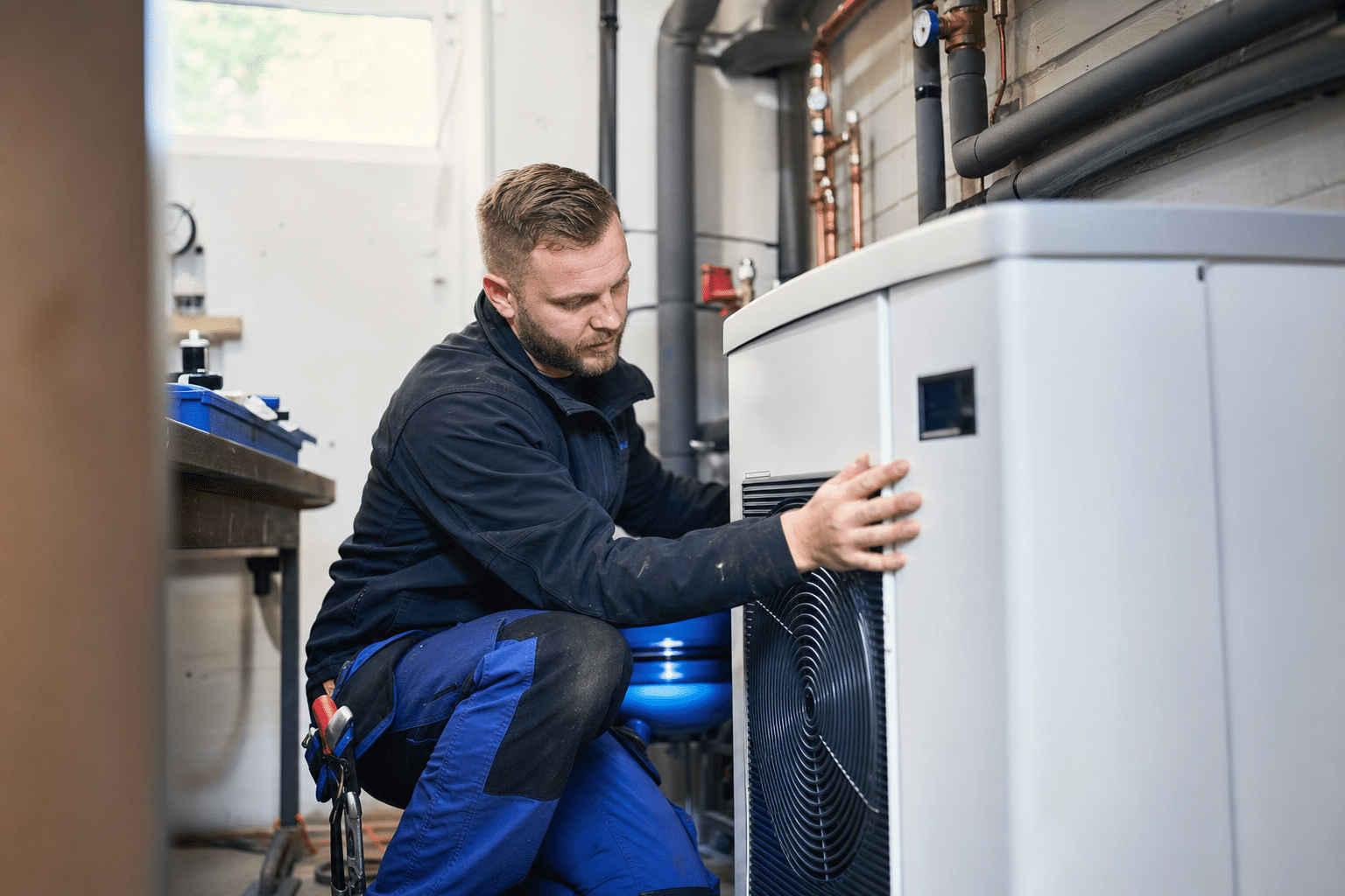 Installateur montiert eine moderne Wärmepumpe im Heizungskeller eines Einfamilienhauses