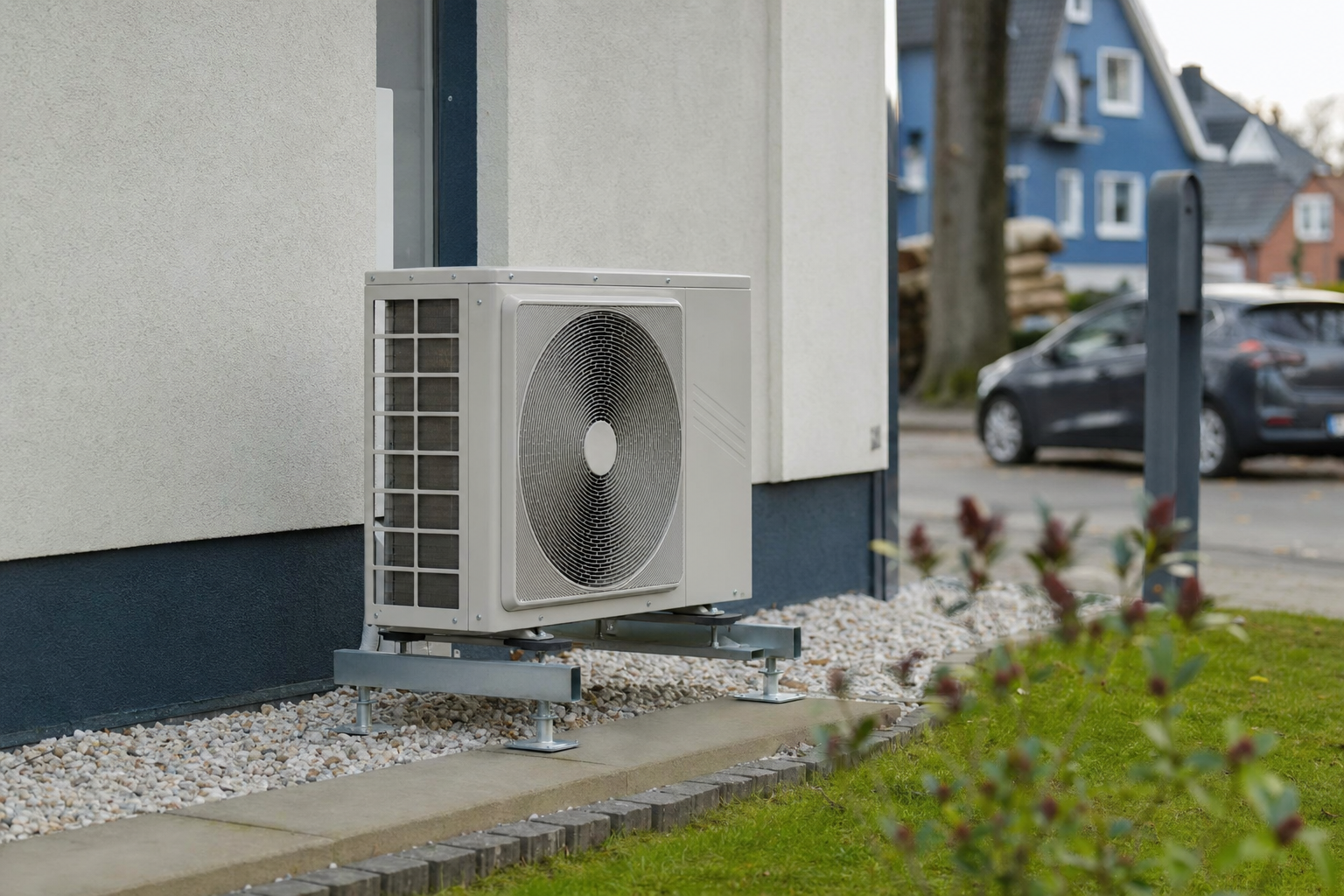 Außengerät einer modernen energieeffizienten Klimaanlage an einem Einfamilienhaus