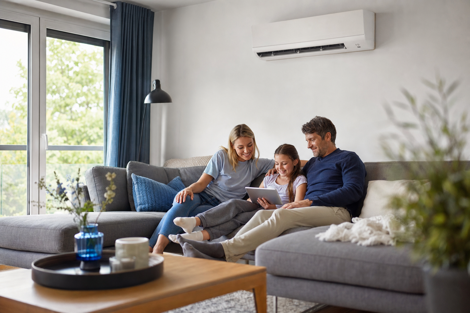 Familie sitzt entspannt im gekühlten Wohnzimmer mit moderner Klimaanlage an der Wand