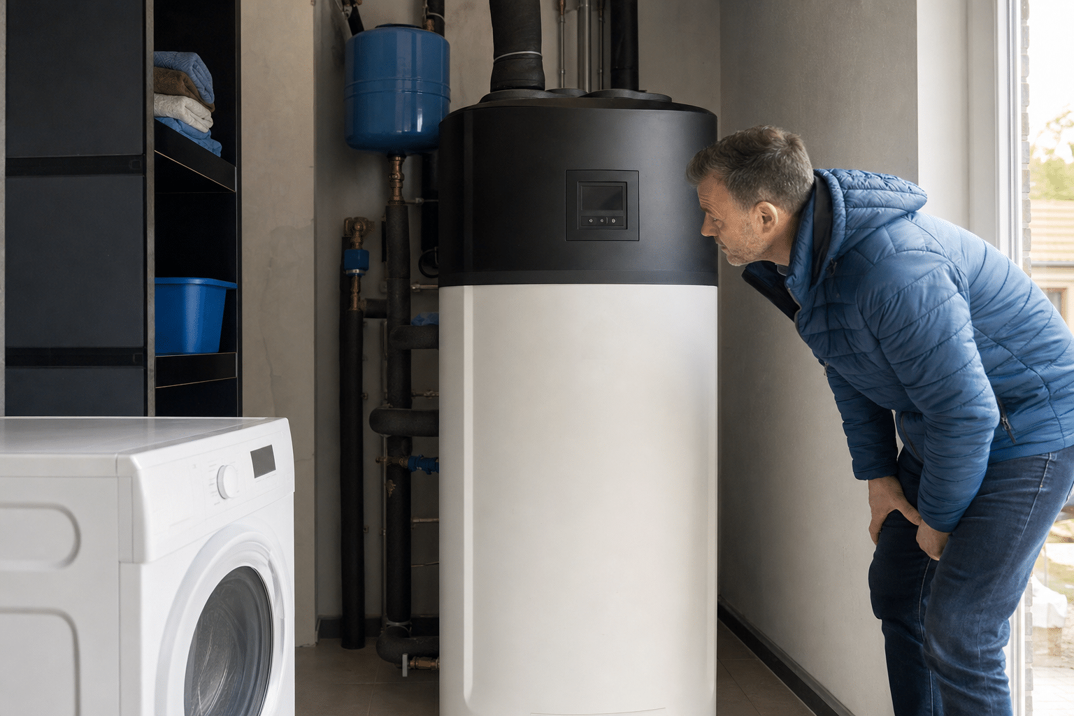 Hausbesitzer überprüft moderne Warmwasser-Wärmepumpe im Technikraum neben Waschmaschine