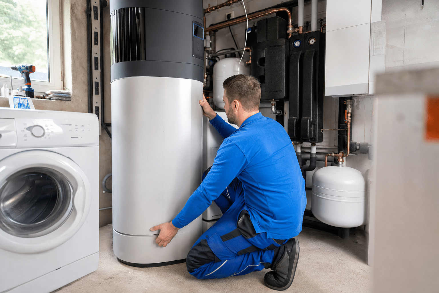 Installateur montiert Warmwasser-Wärmepumpe im Keller neben Waschmaschine und Technikmodulen