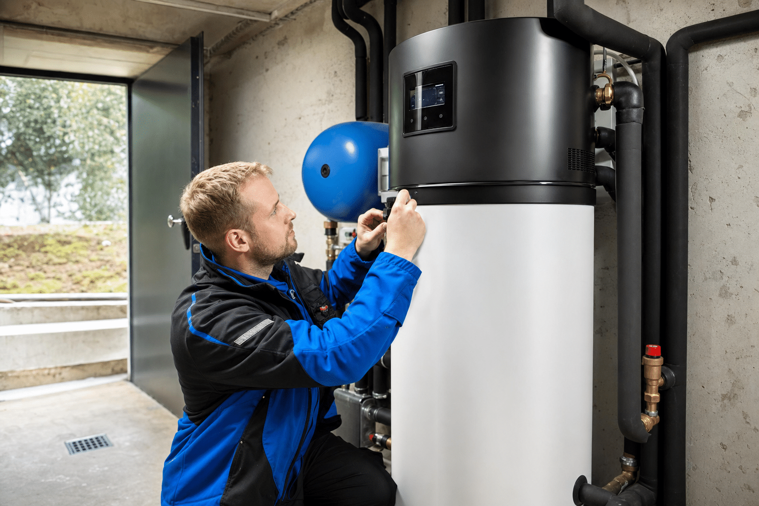 Techniker installiert eine Warmwasser-Wärmepumpe im Keller eines Einfamilienhauses