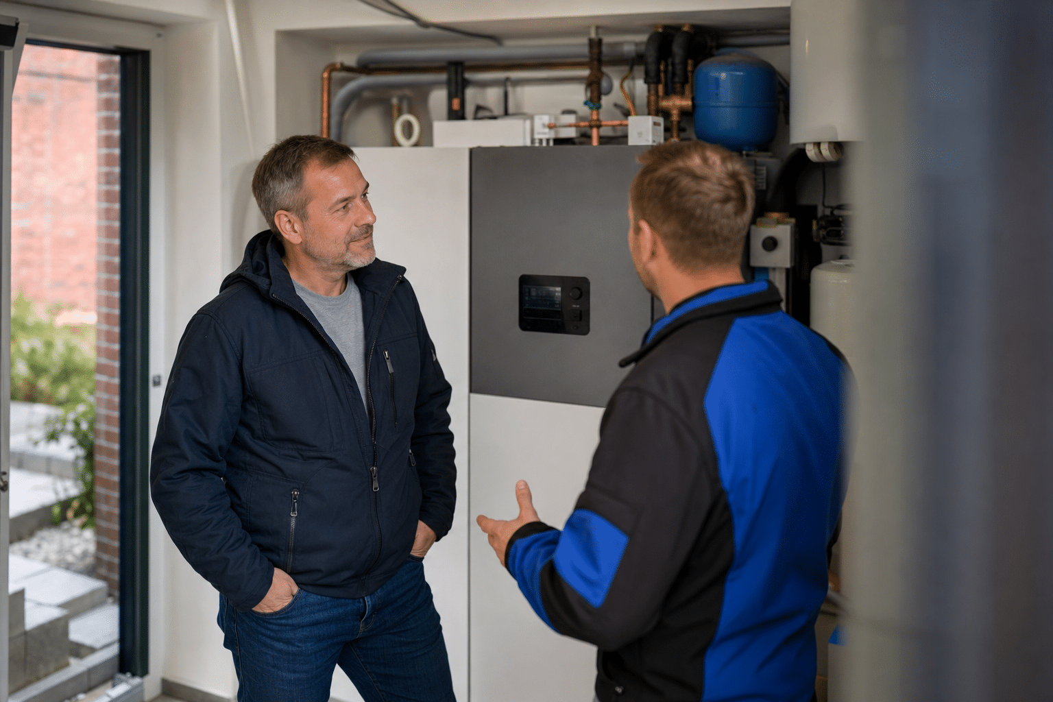 Hausbesitzer spricht mit Energieberater vor installierter Wärmepumpe im Technikraum